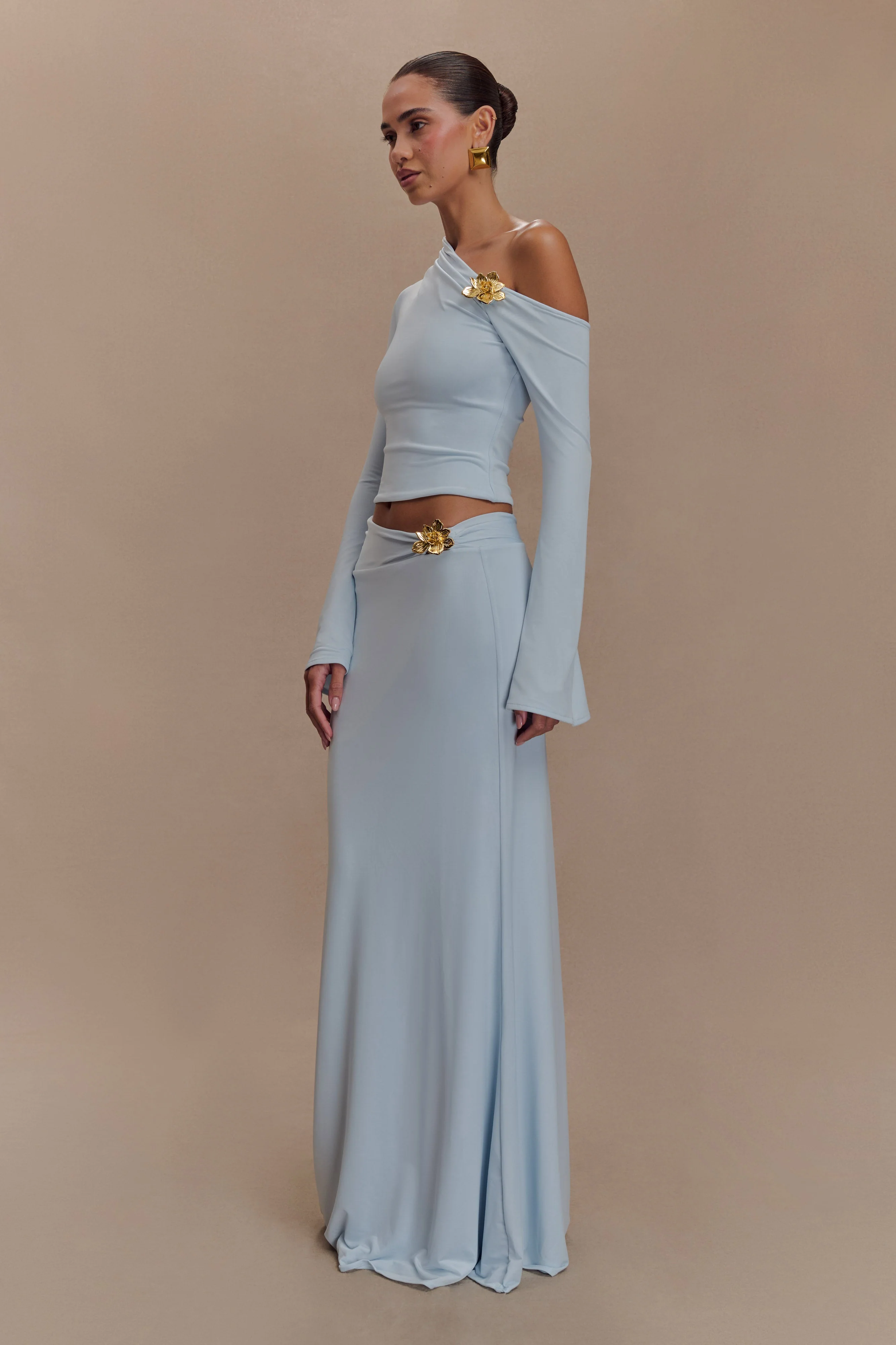 Ainsley Asymmetrical Maxi Skirt With Floral Hardware - Pale Blue - Image 3
