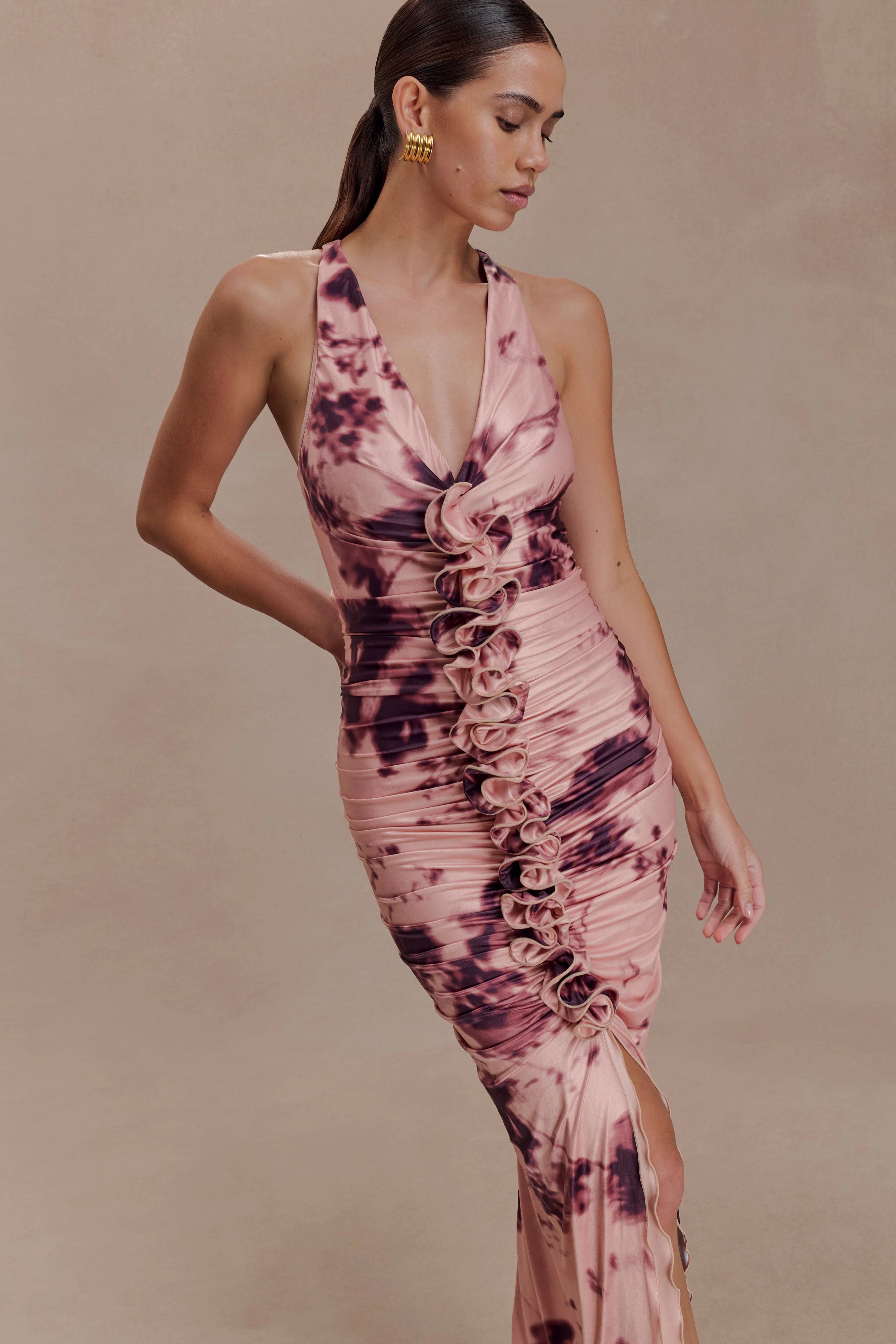 Alessandra Slinky Ruffle Maxi Dress - Pink Blurred Floral Print - Image 3