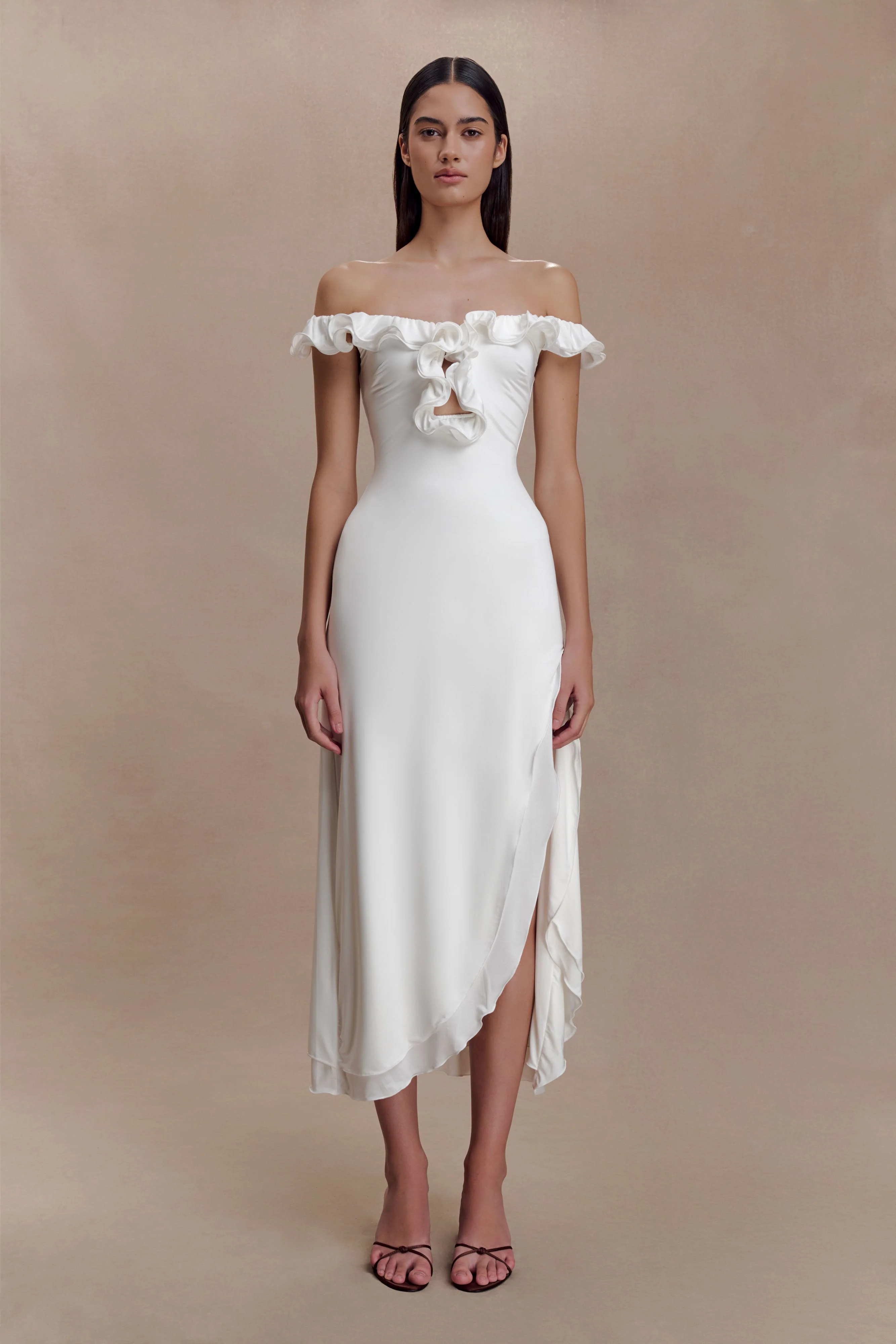 Allegra Off Shoulder Ruffle Midi Dress - Ivory - Image 2