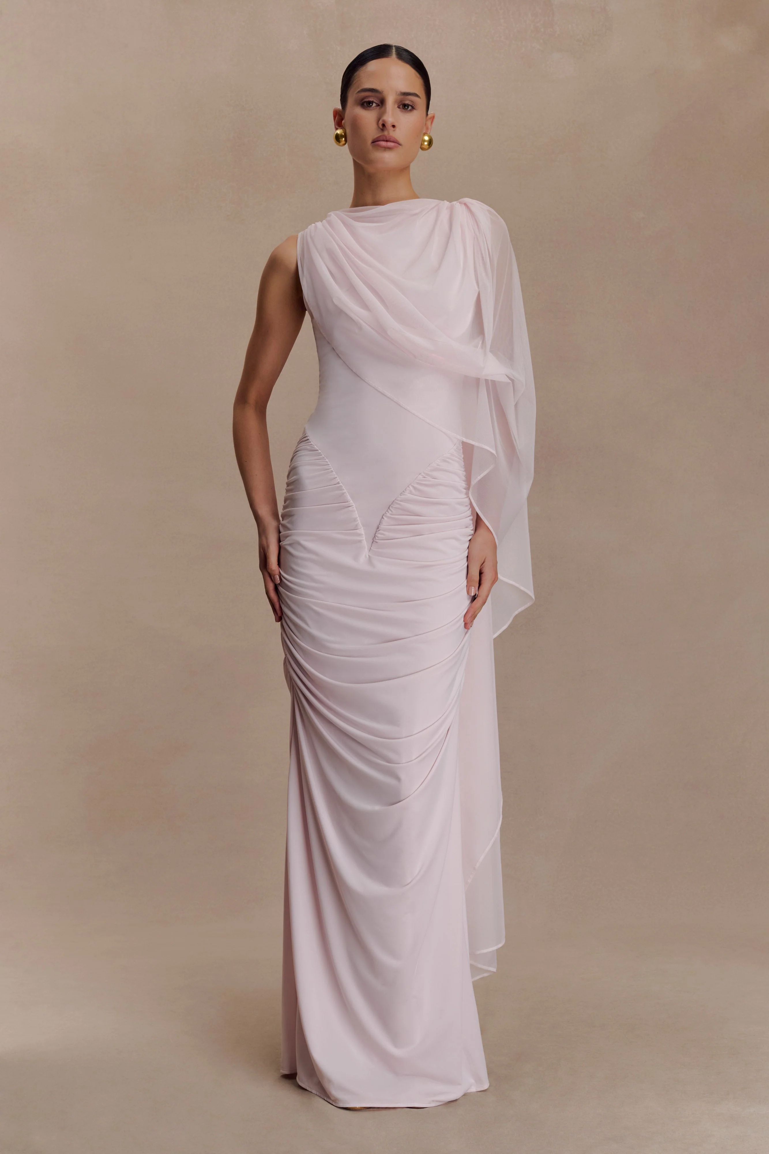 Amandine Ruched Slinky Maxi Dress - Pale Pink - Image 4
