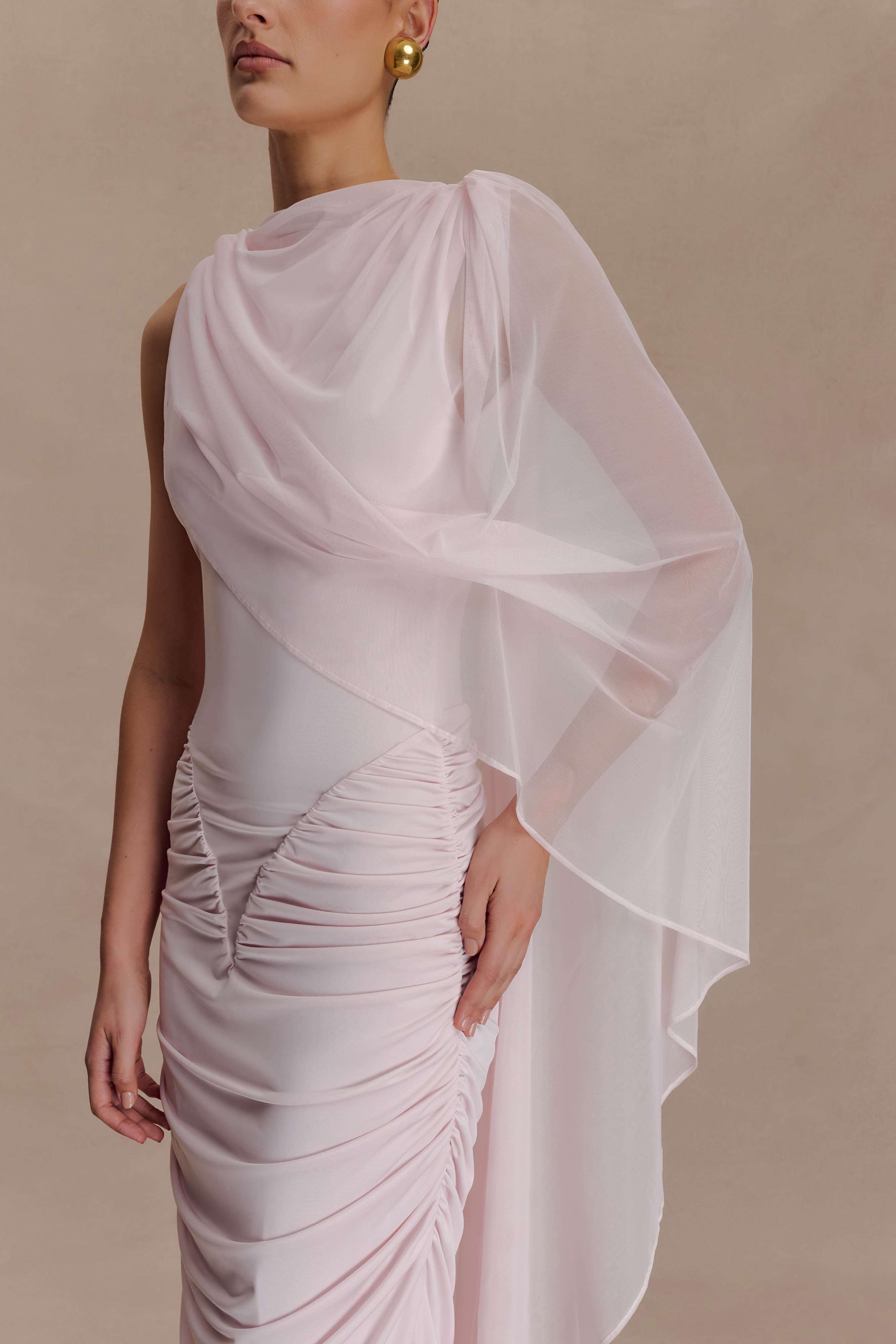 Amandine Ruched Slinky Maxi Dress - Pale Pink - Image 6