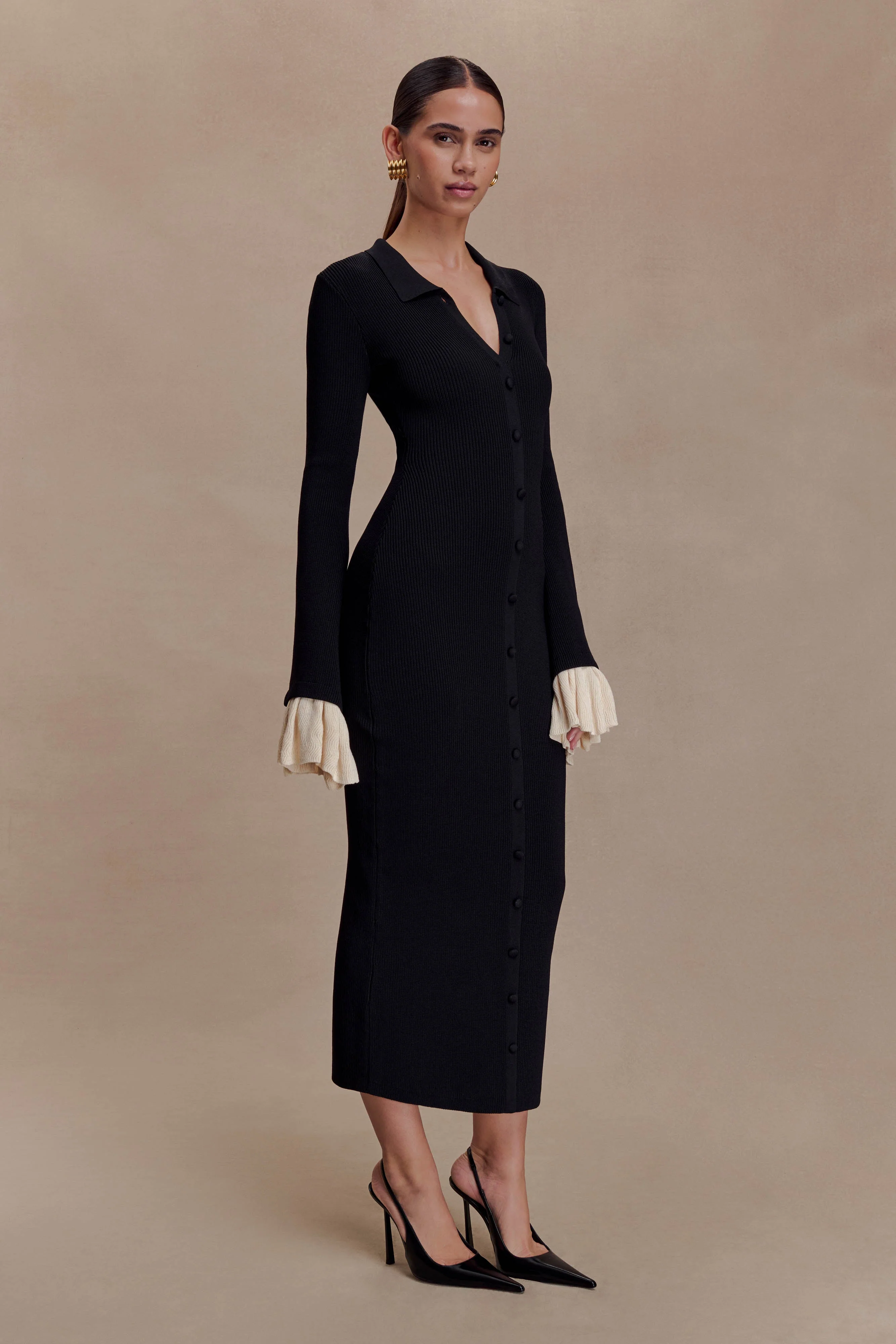 Amirose Ruffle Knit Midi Dress - Black - Image 4