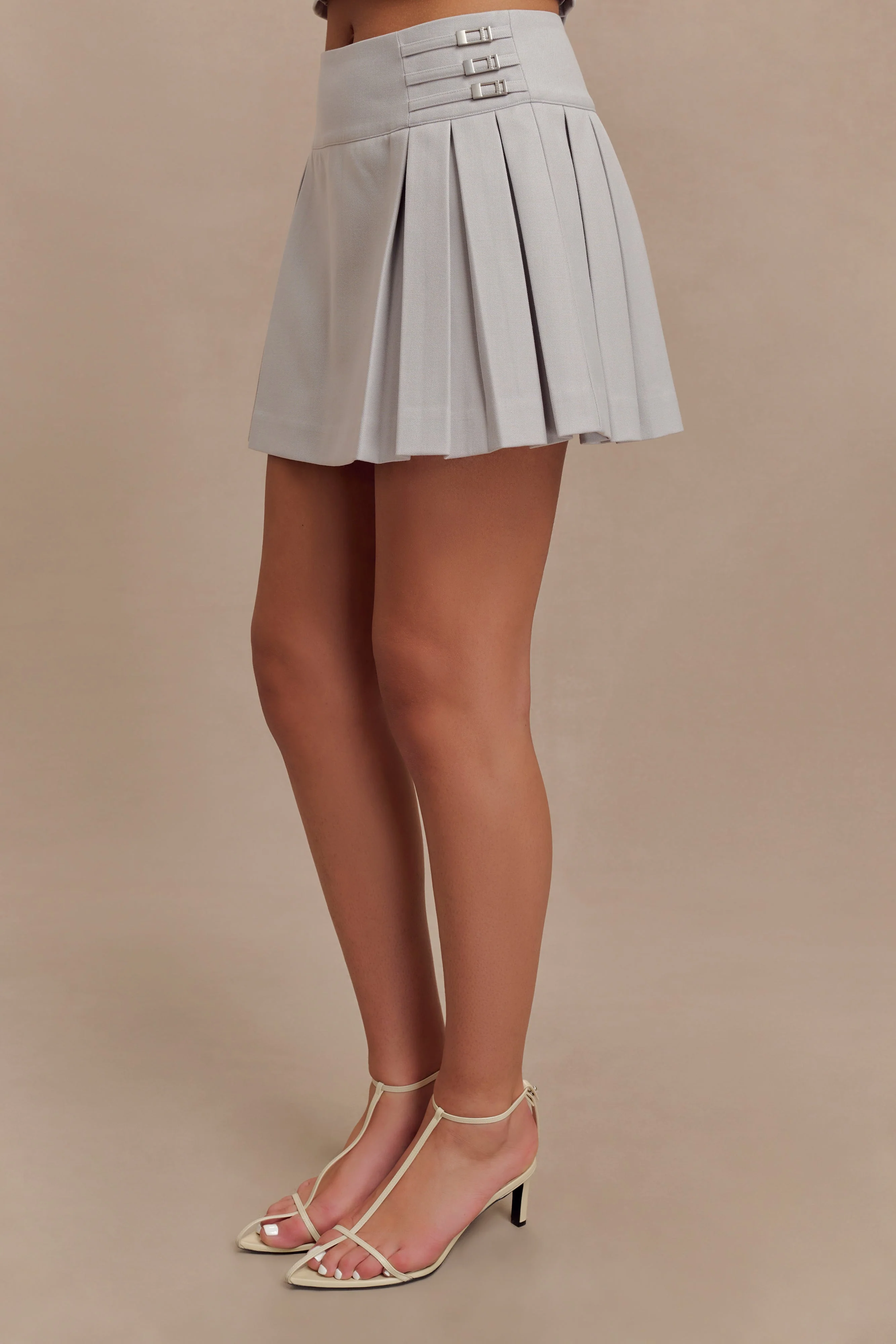 Angie Pleated Buckle Mini Skirt - Grey - Image 8