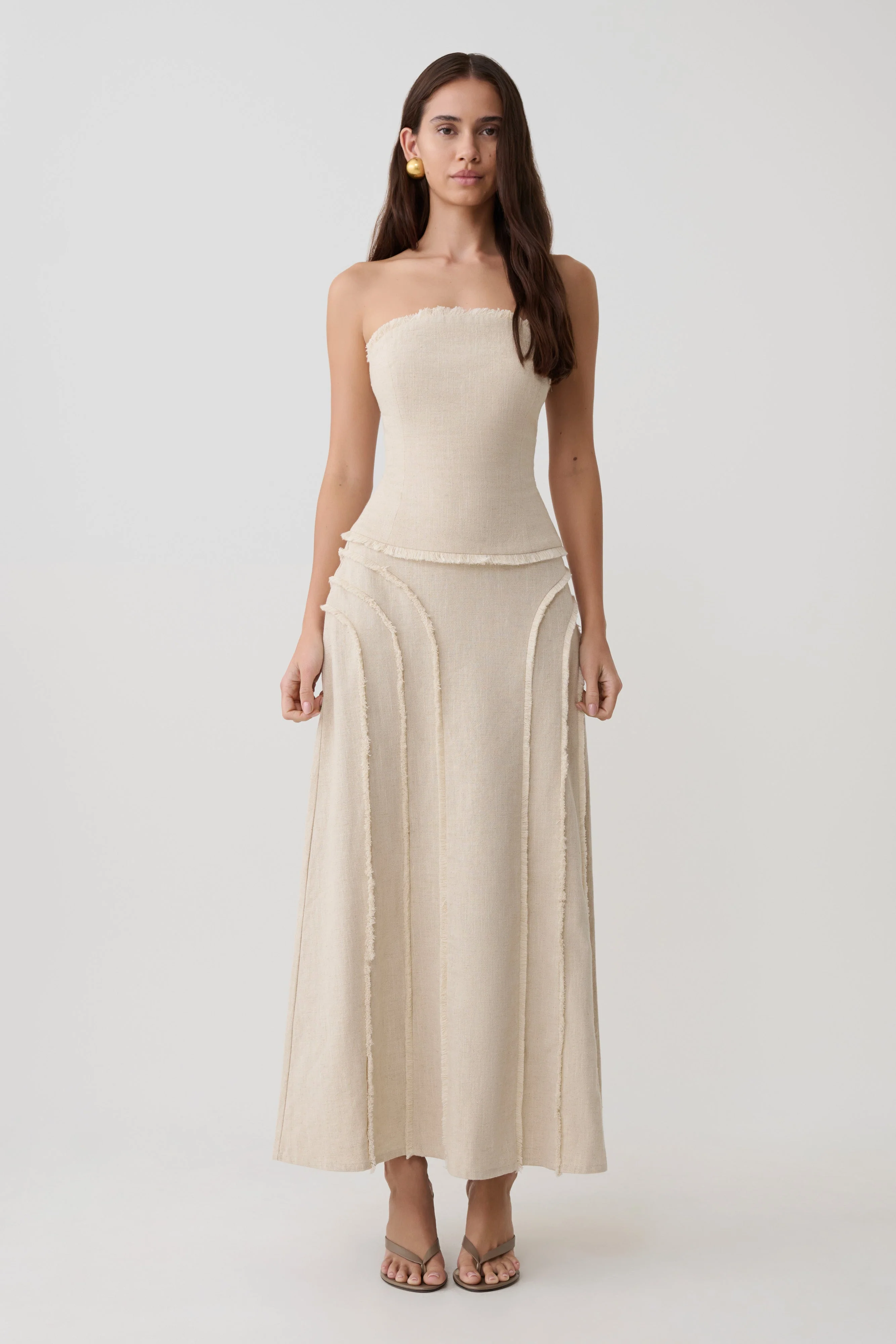 Annie Linen Frayed Midi Skirt - Natural