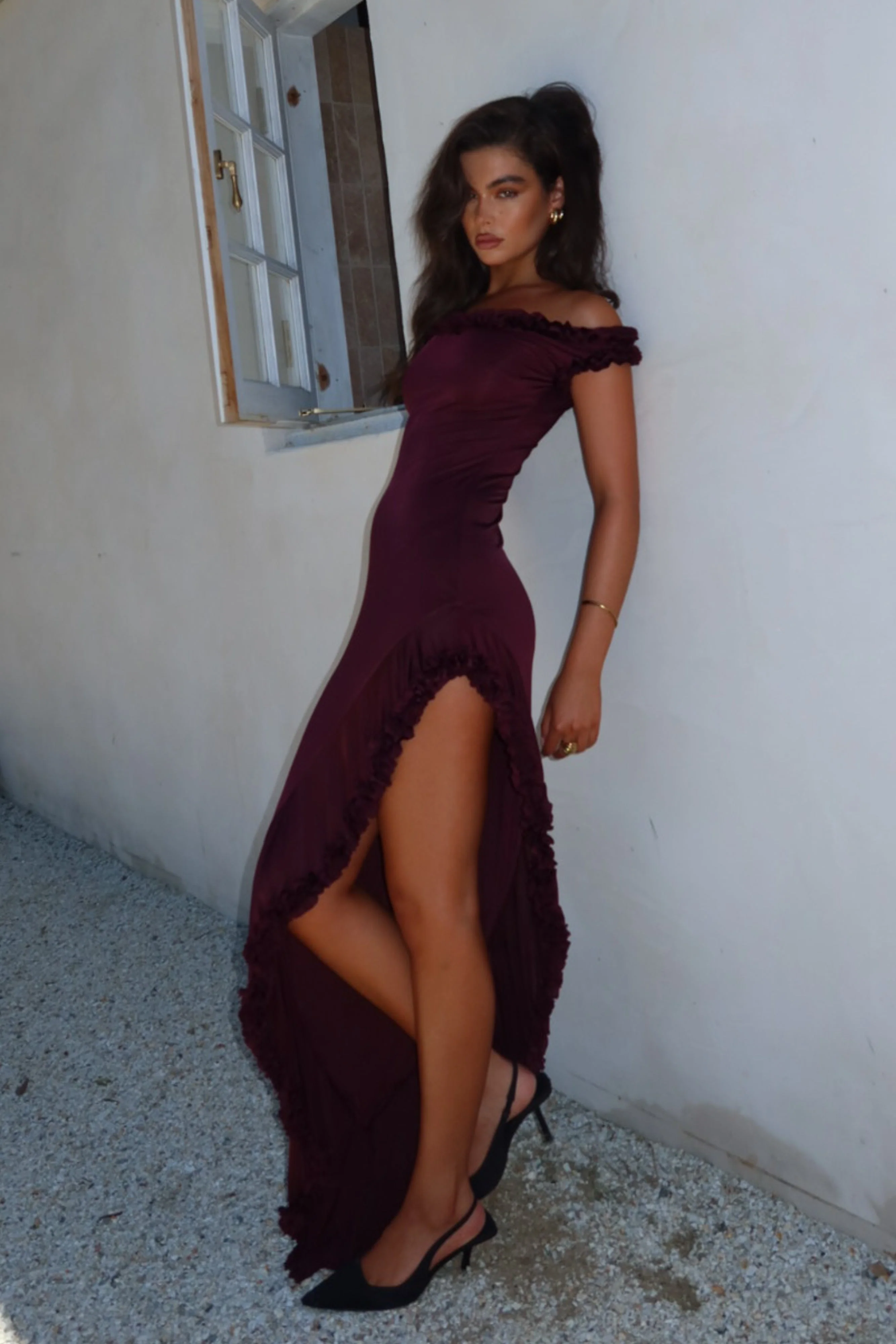 Arielle Off Shoulder Ruffle Midi Dress - Plum - Image 10