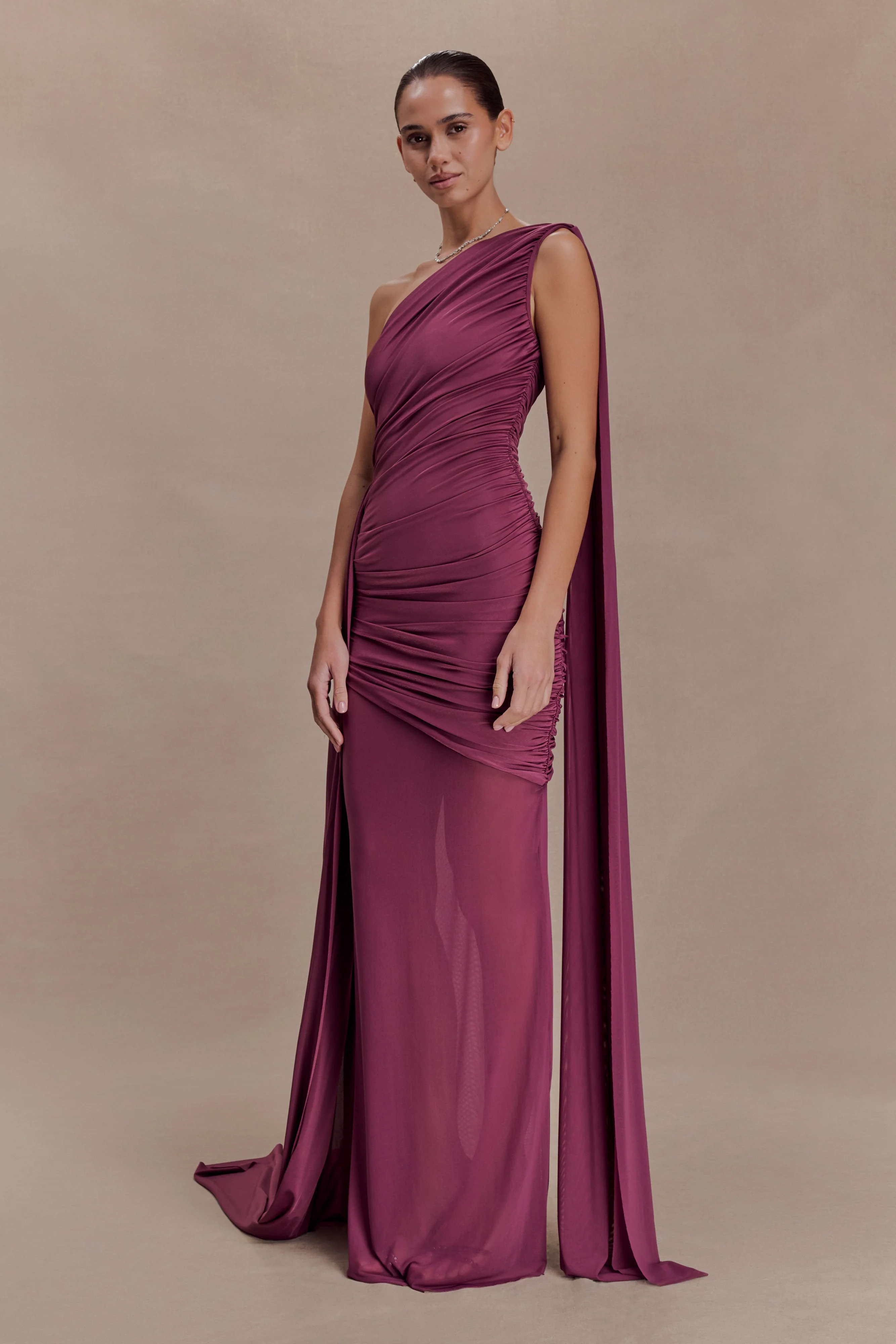 Asher Slinky One Shoulder Maxi Dress - Neutral Plum - Image 5