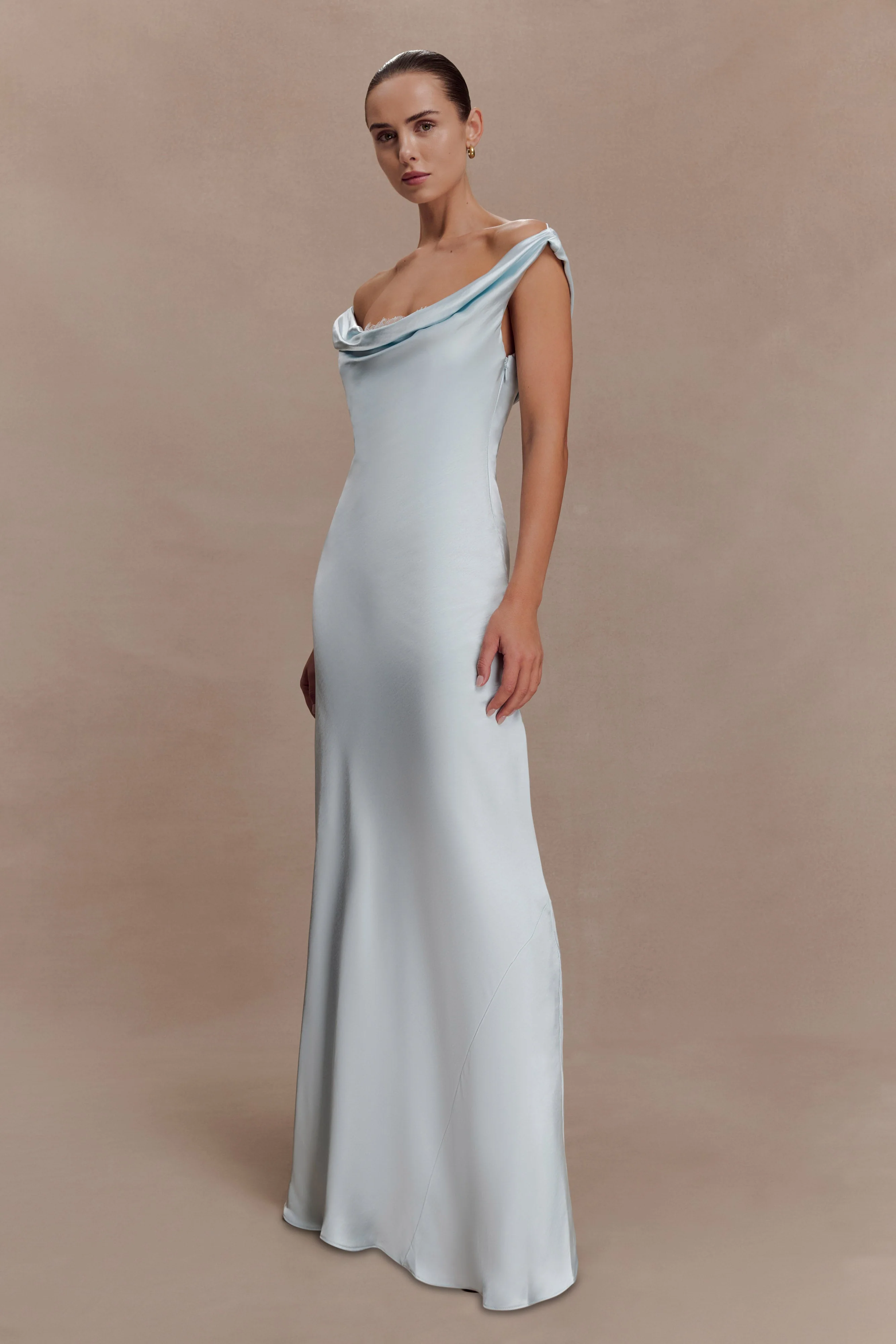 Ashley Cowl Neck Lace And Satin Maxi Dress - Ice Blue - Image 5