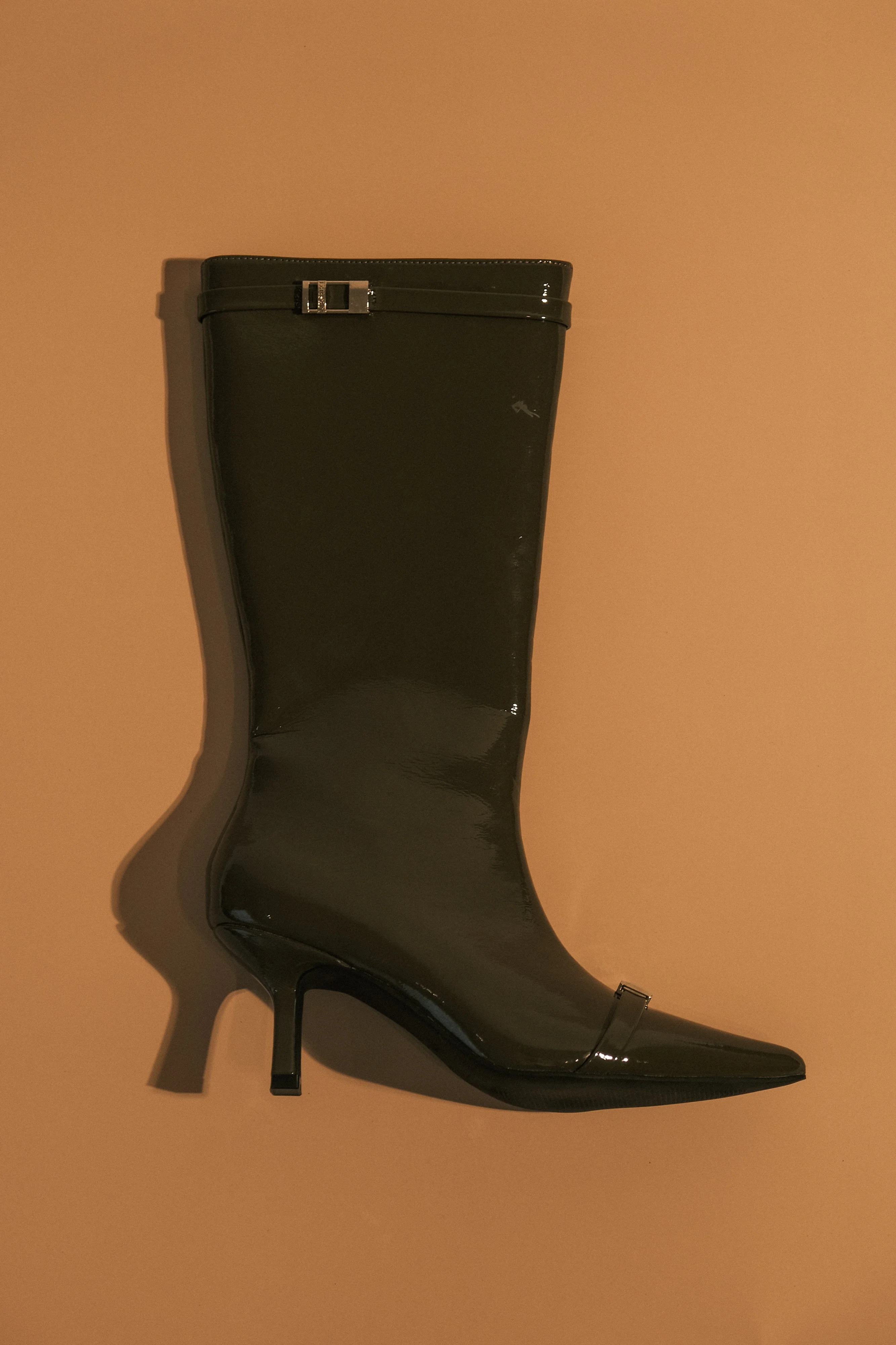 Astra Patent Faux Leather Buckle Boot - Khaki - Image 2