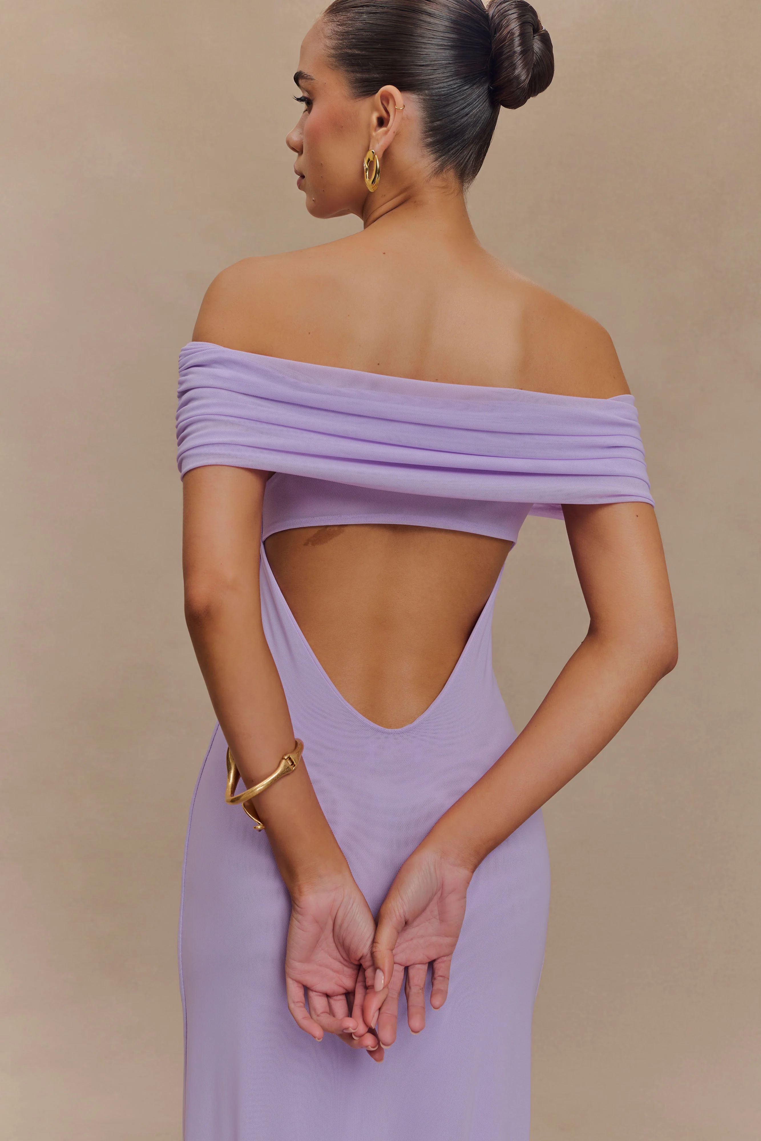 Audrey Off Shoulder Mesh Maxi Dress - Lilac - Image 3
