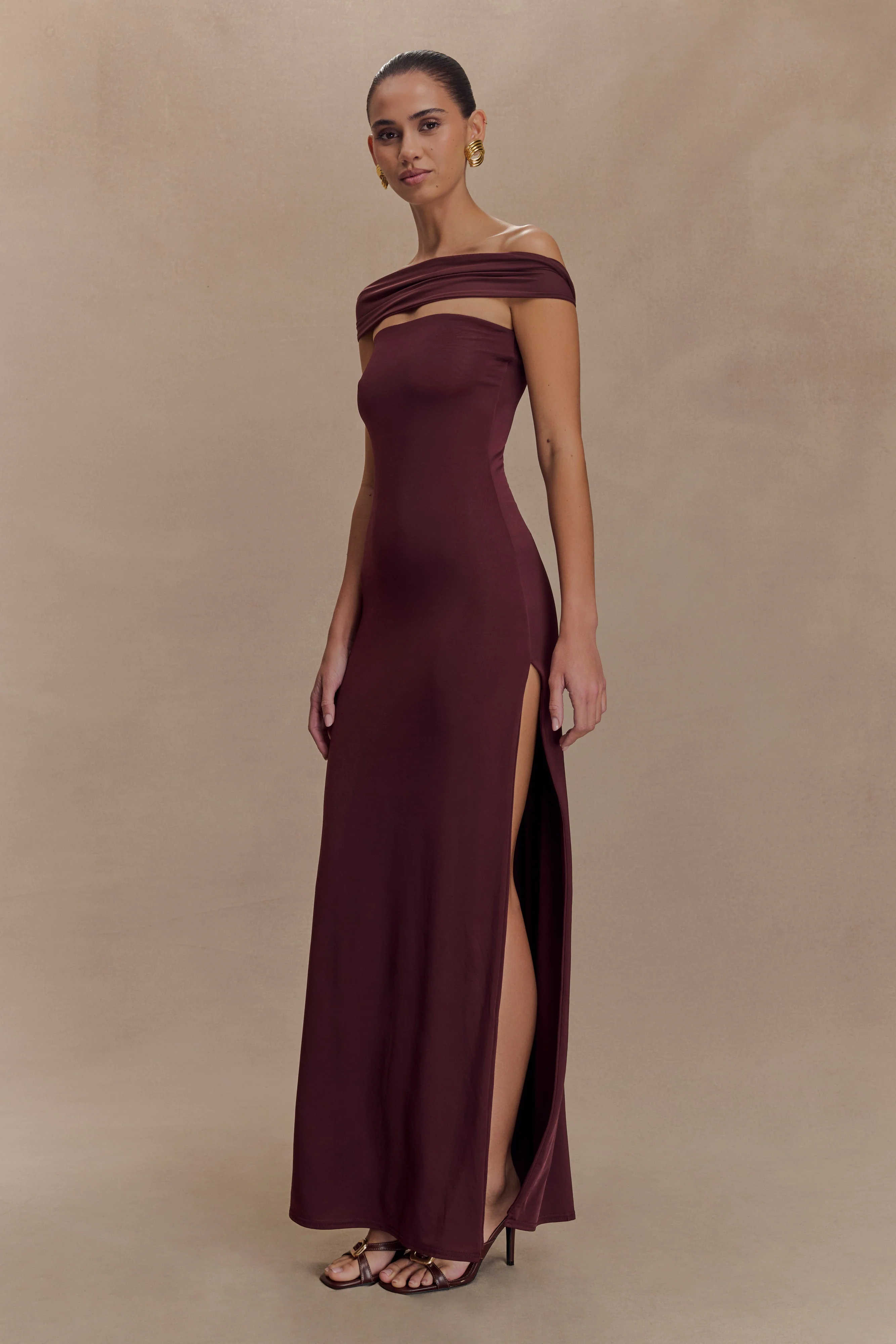 Aurora Slinky And Mesh Split Maxi Dress - Mahogany - Image 4
