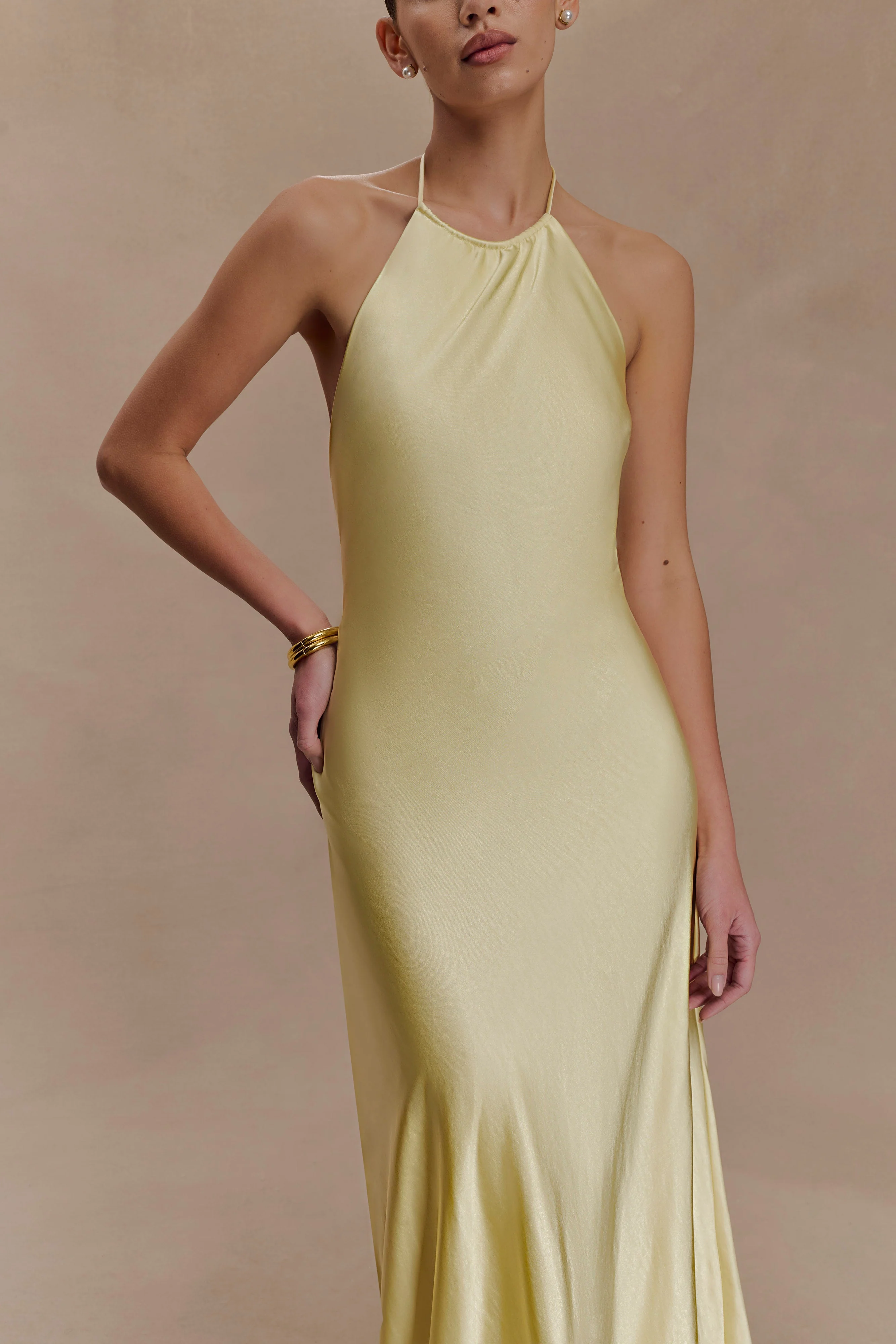 Bella Satin Halter Maxi Dress - Lemon - Image 10