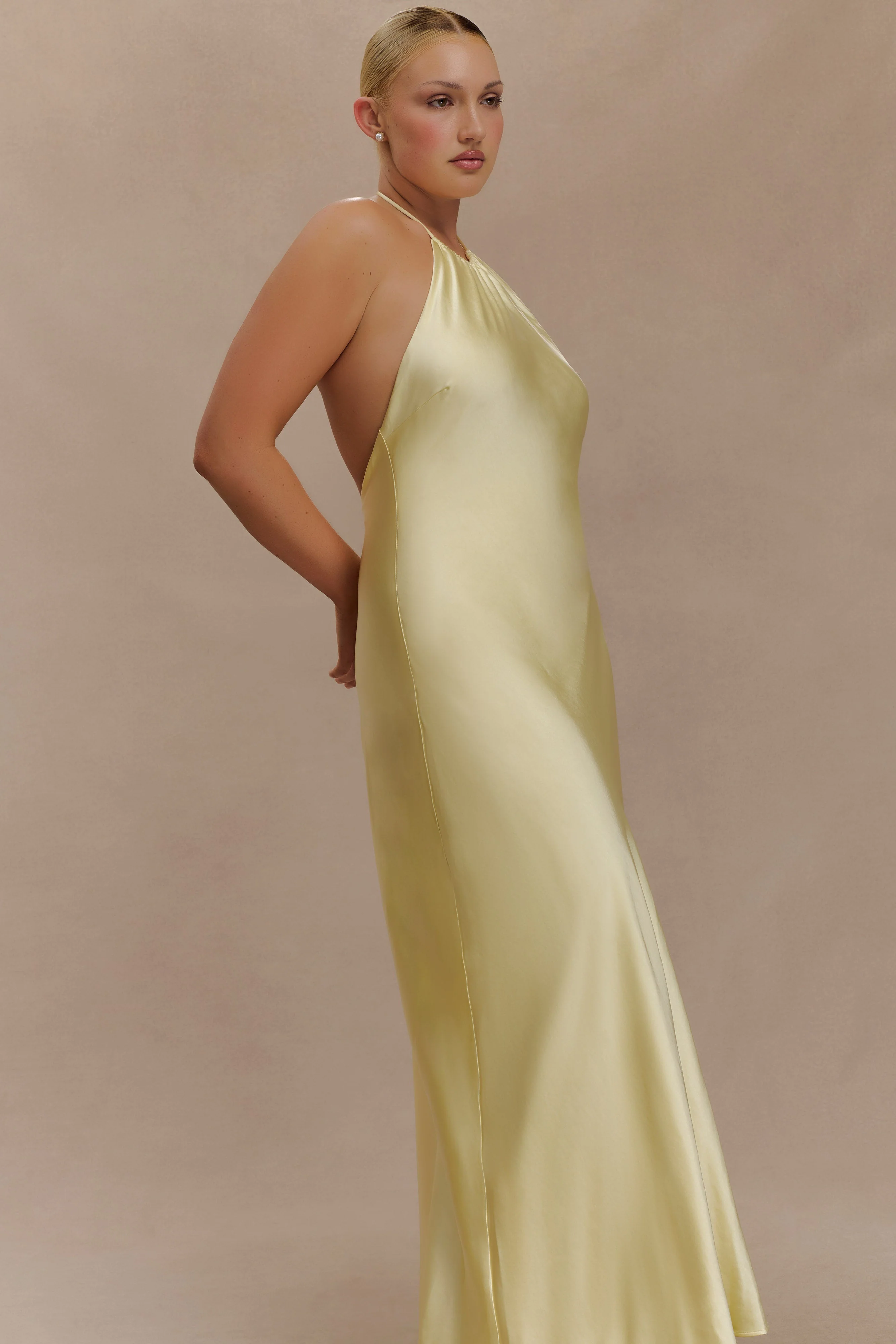 Bella Satin Halter Maxi Dress - Lemon - Image 8