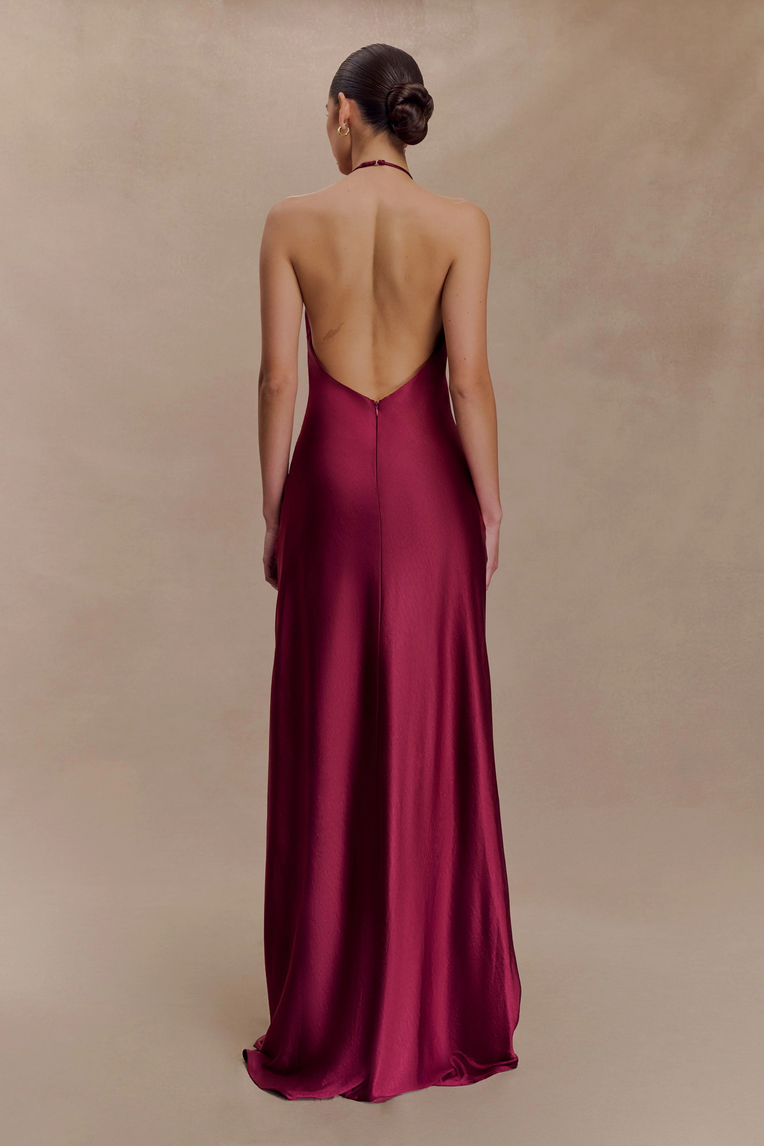 Bella Satin Halter Maxi Dress - Mahogany - Image 2