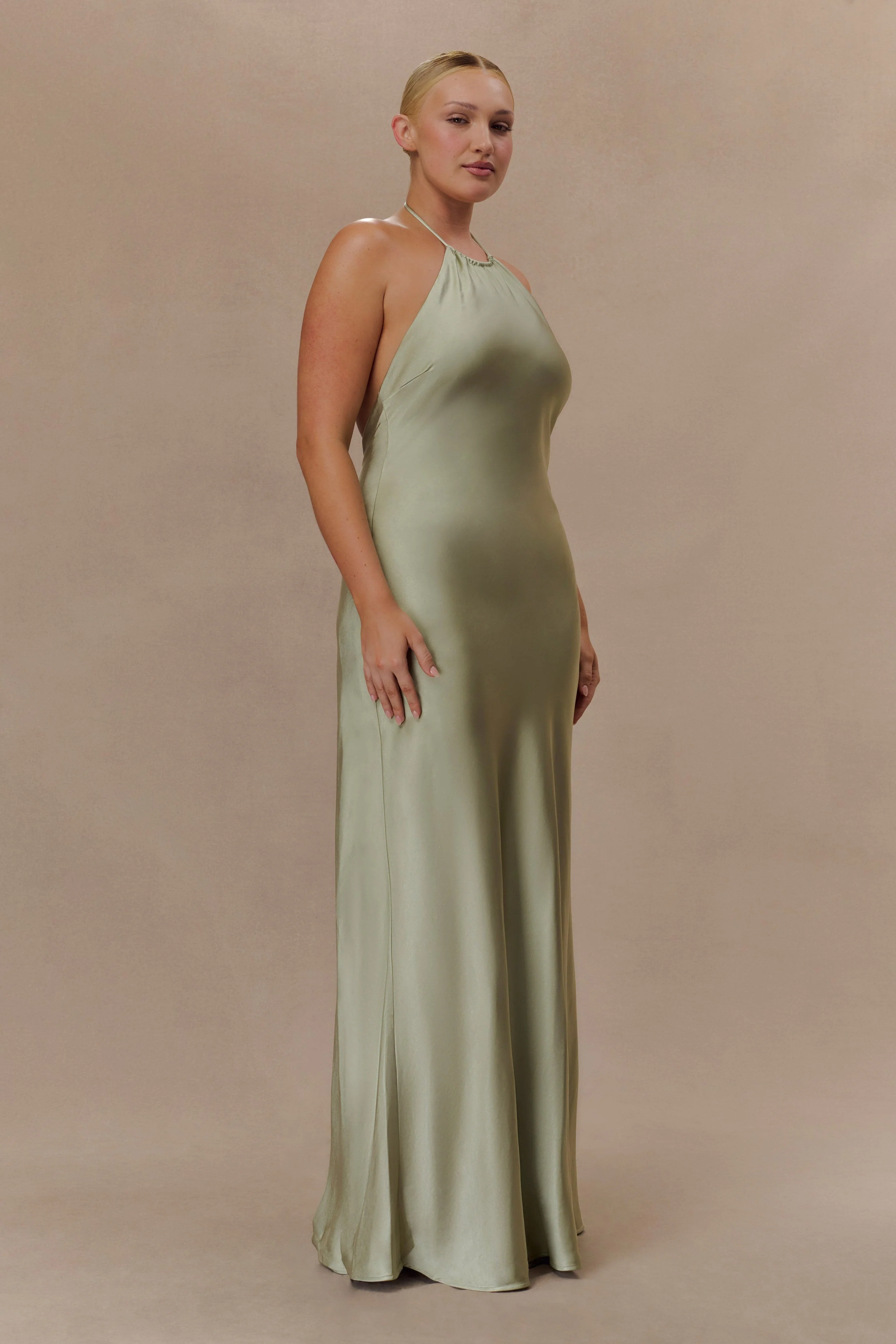 Bella Satin Halter Maxi Dress - Sage - Image 5