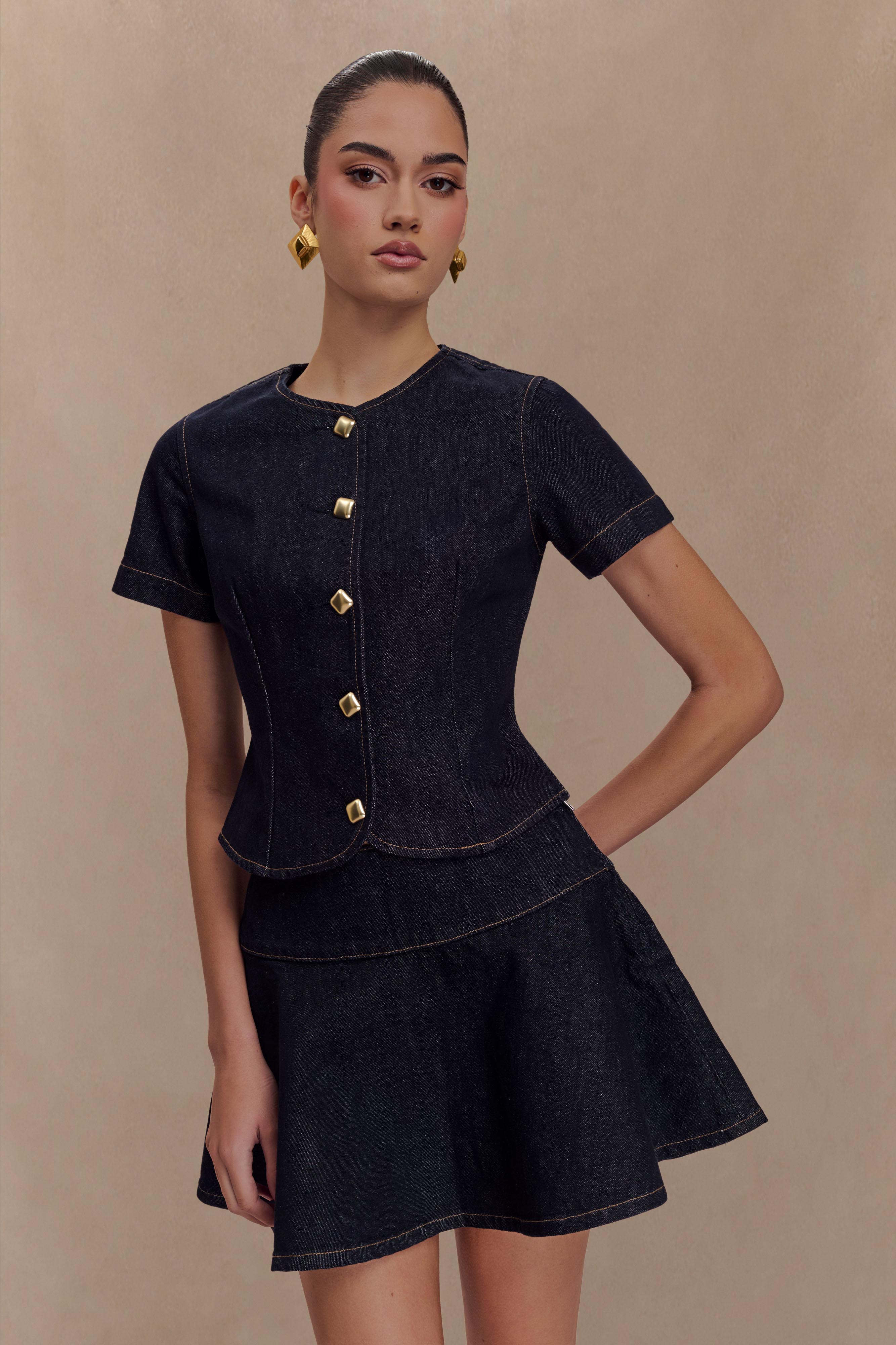 Bethany Short Sleeve Buttoned Denim Top - Washed Indigo Blue - Image 6
