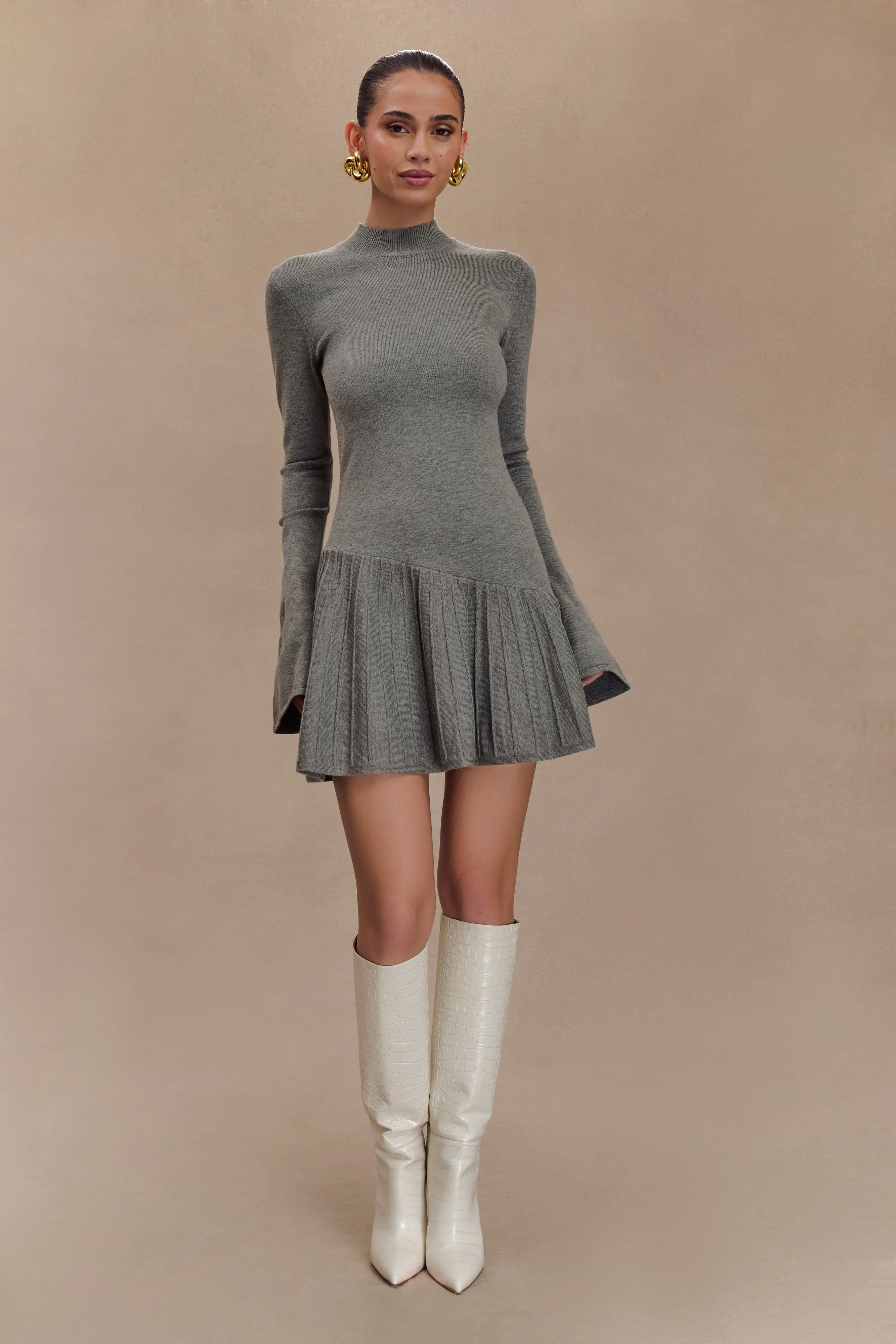 Blair Knit Mini Dress With Pleats - Charcoal - Image 7