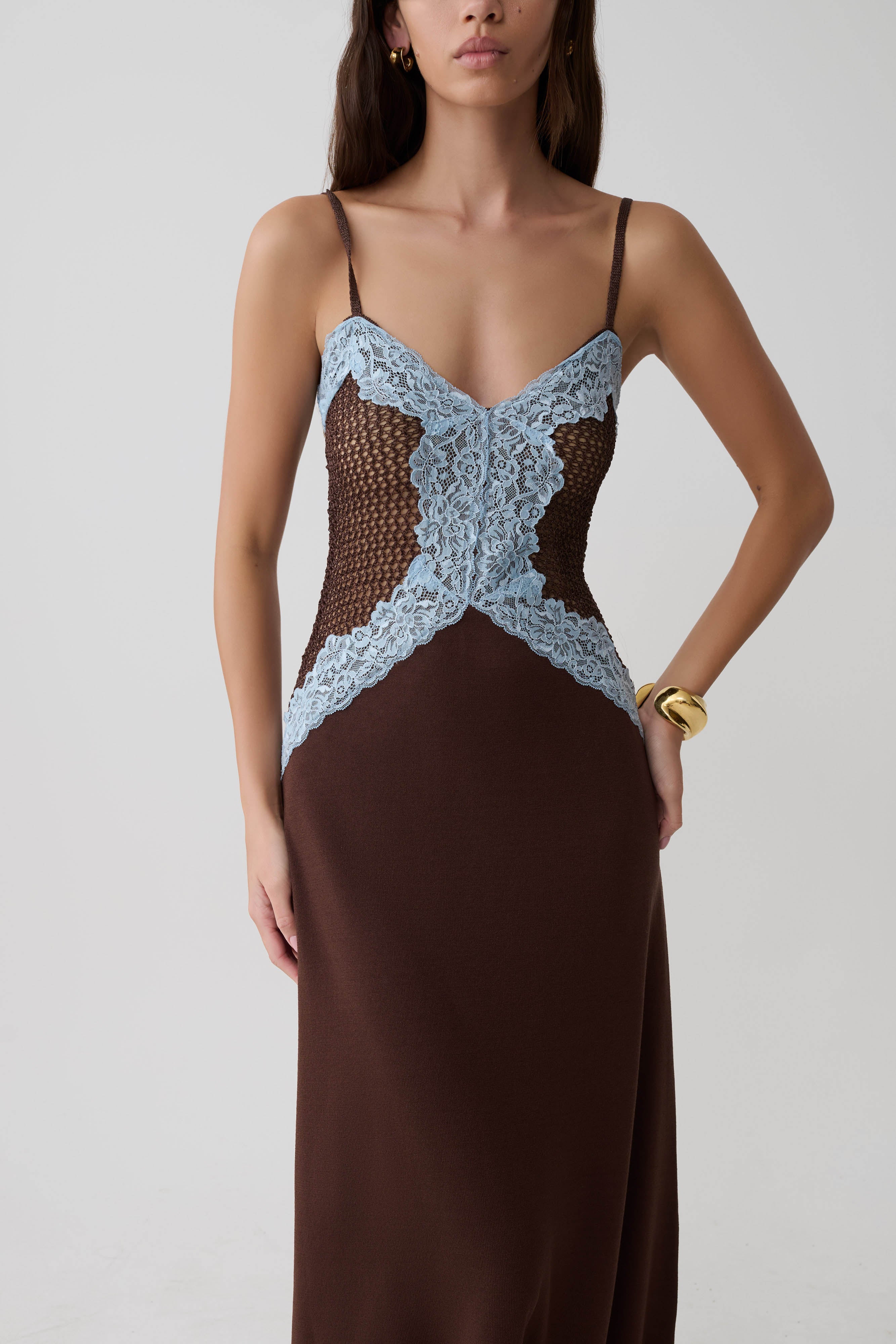 Bray Knit & Lace Maxi Dress - Chocolate/Blue - Image 3