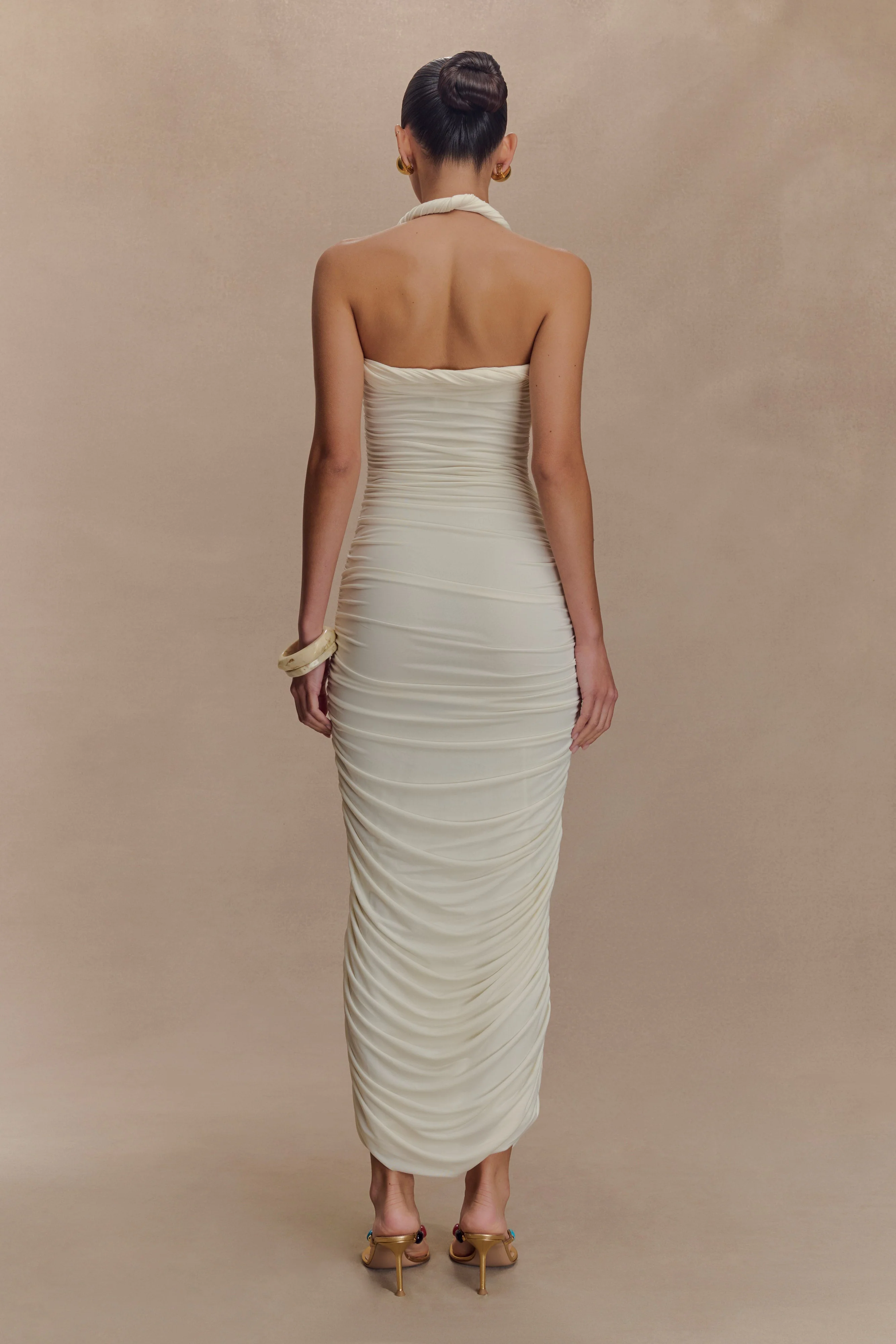 Camila Ruched Halter Midi Dress - Ivory - Image 4