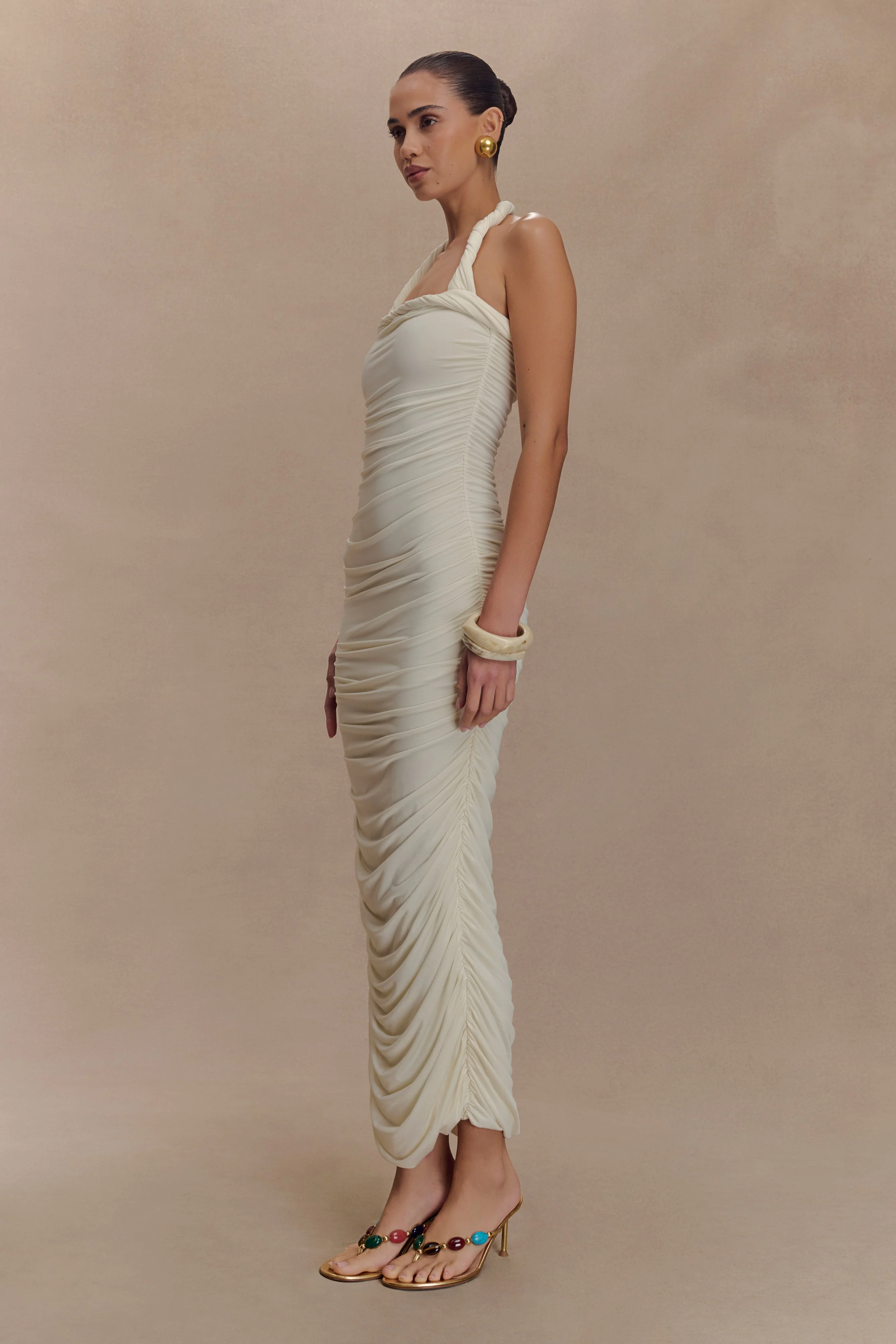 Camila Ruched Halter Midi Dress - Ivory - Image 5