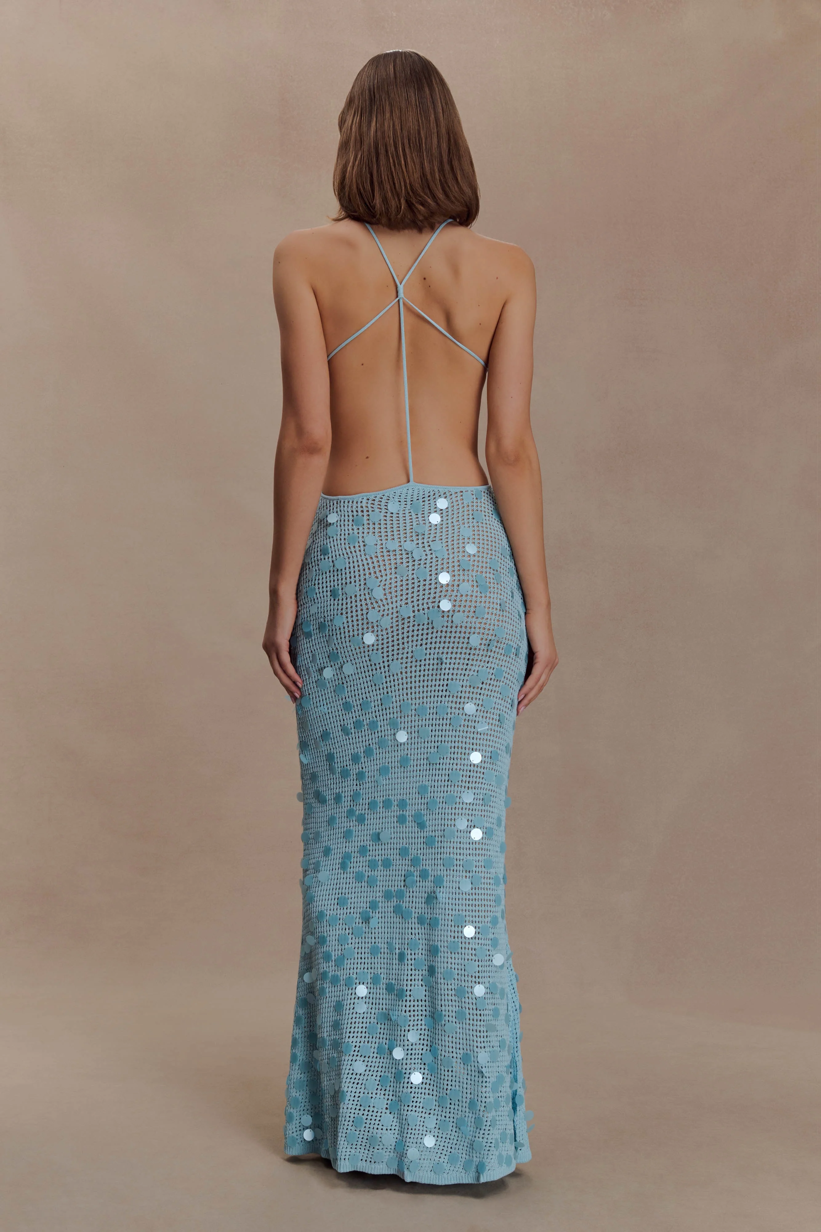 Carmen Crochet Sequin Maxi Open Back Dress - Blue - Image 4