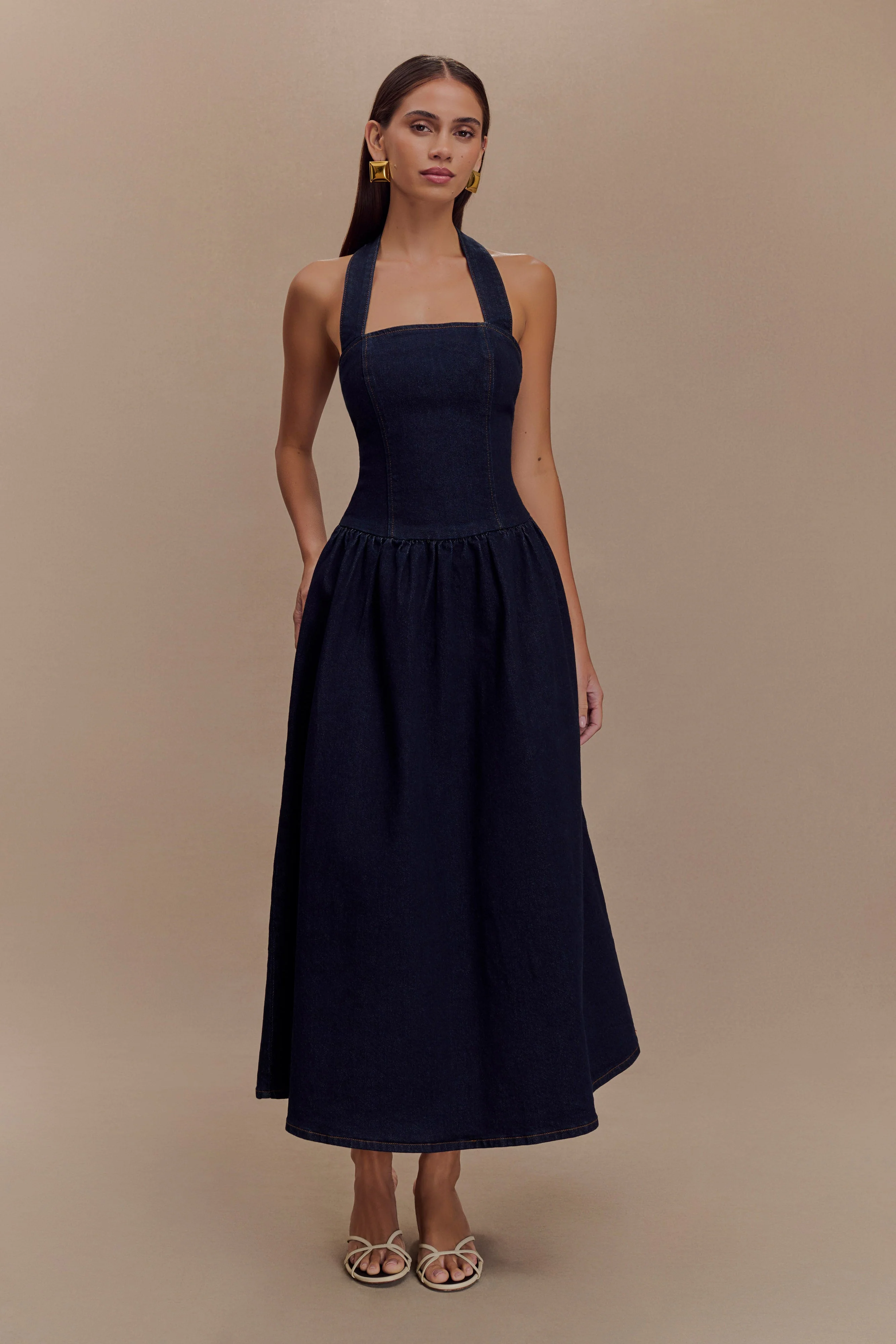 Caroline Denim Halter Midi Dress - Indigo Blue - Image 2