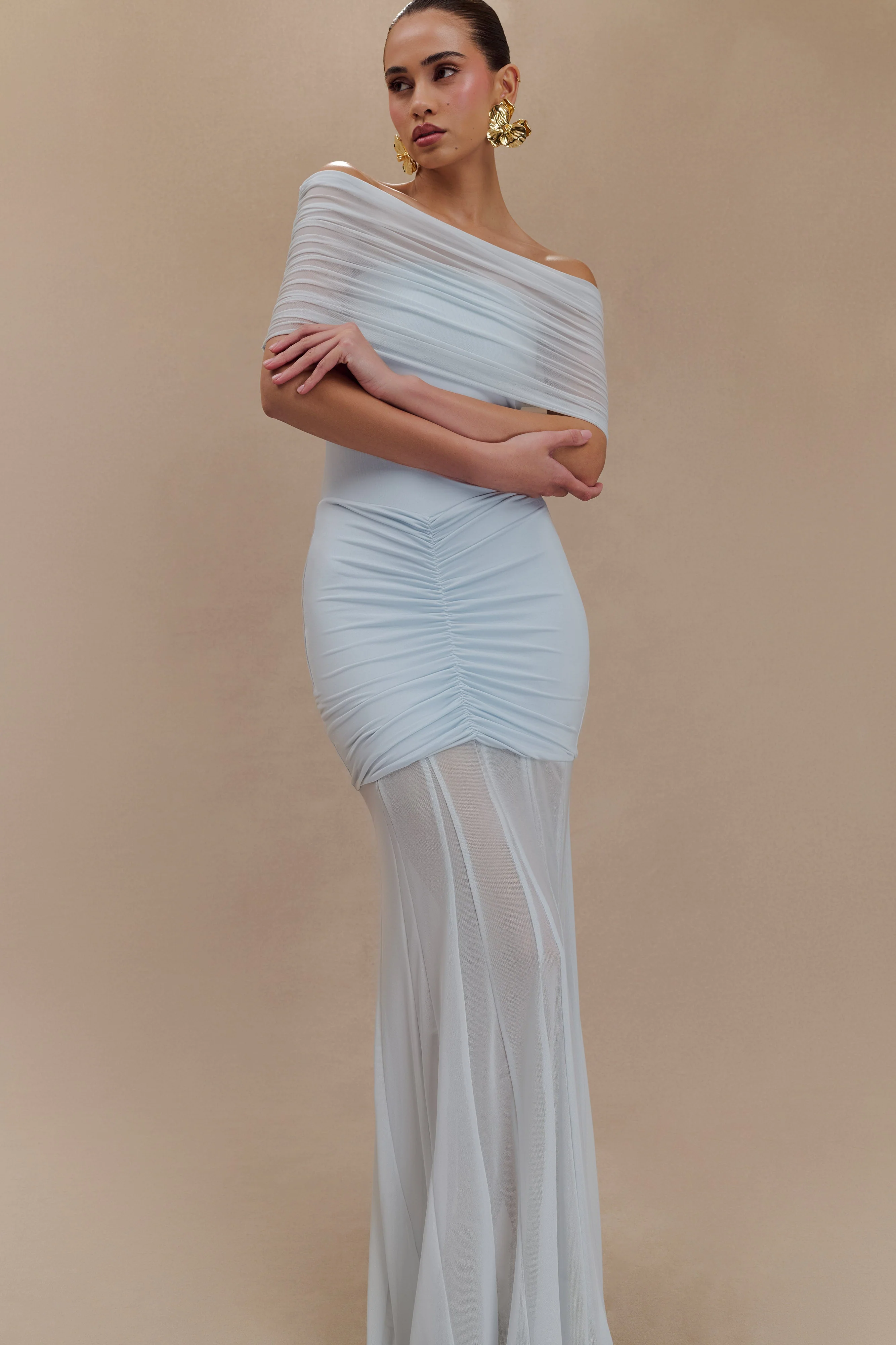 Caspian Slinky And Mesh Off Shoulder Maxi Dress - Pale Blue - Image 5