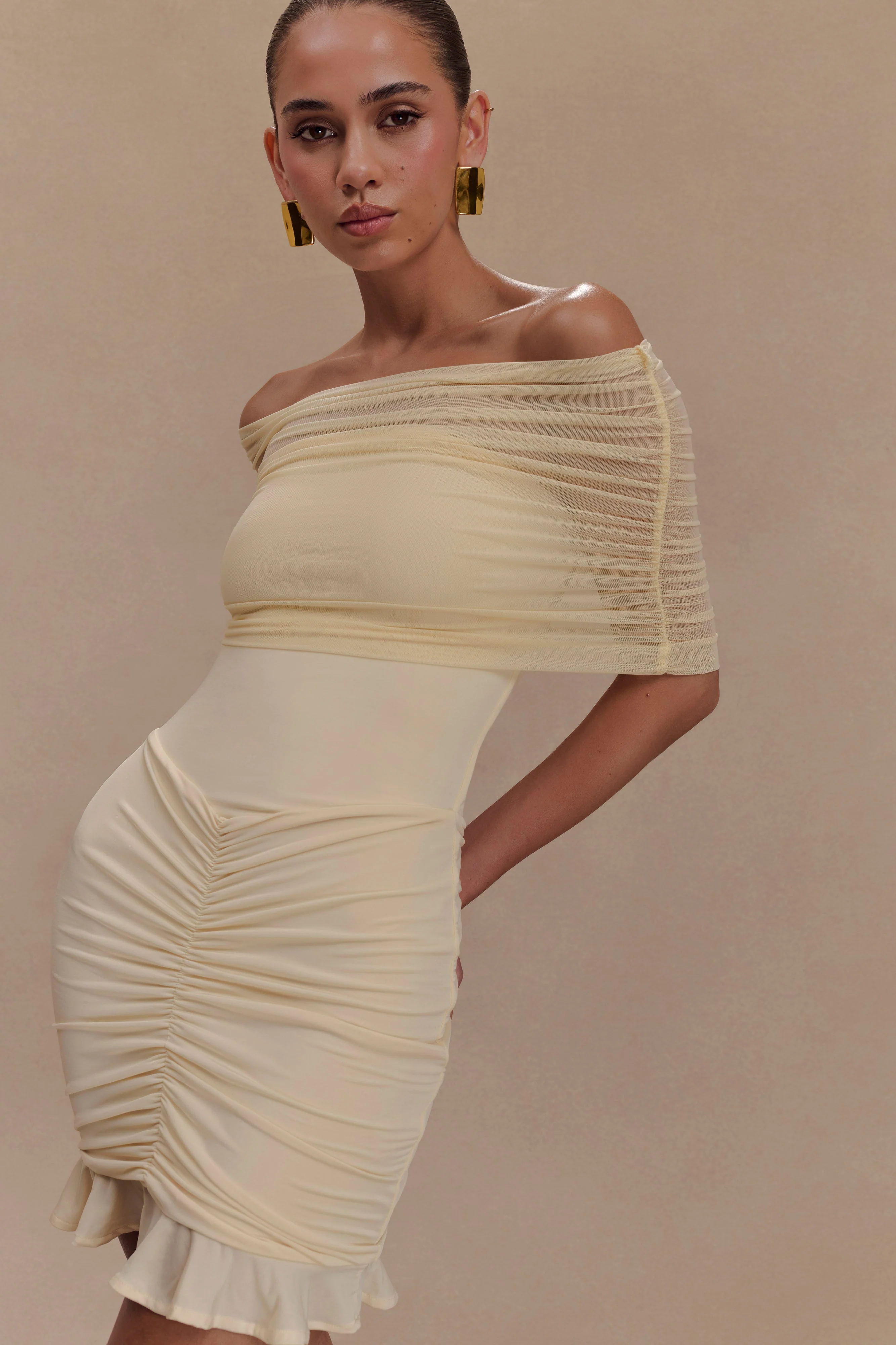 Caspian Slinky And Mesh Off Shoulder Mini Dress - Ivory - Image 3