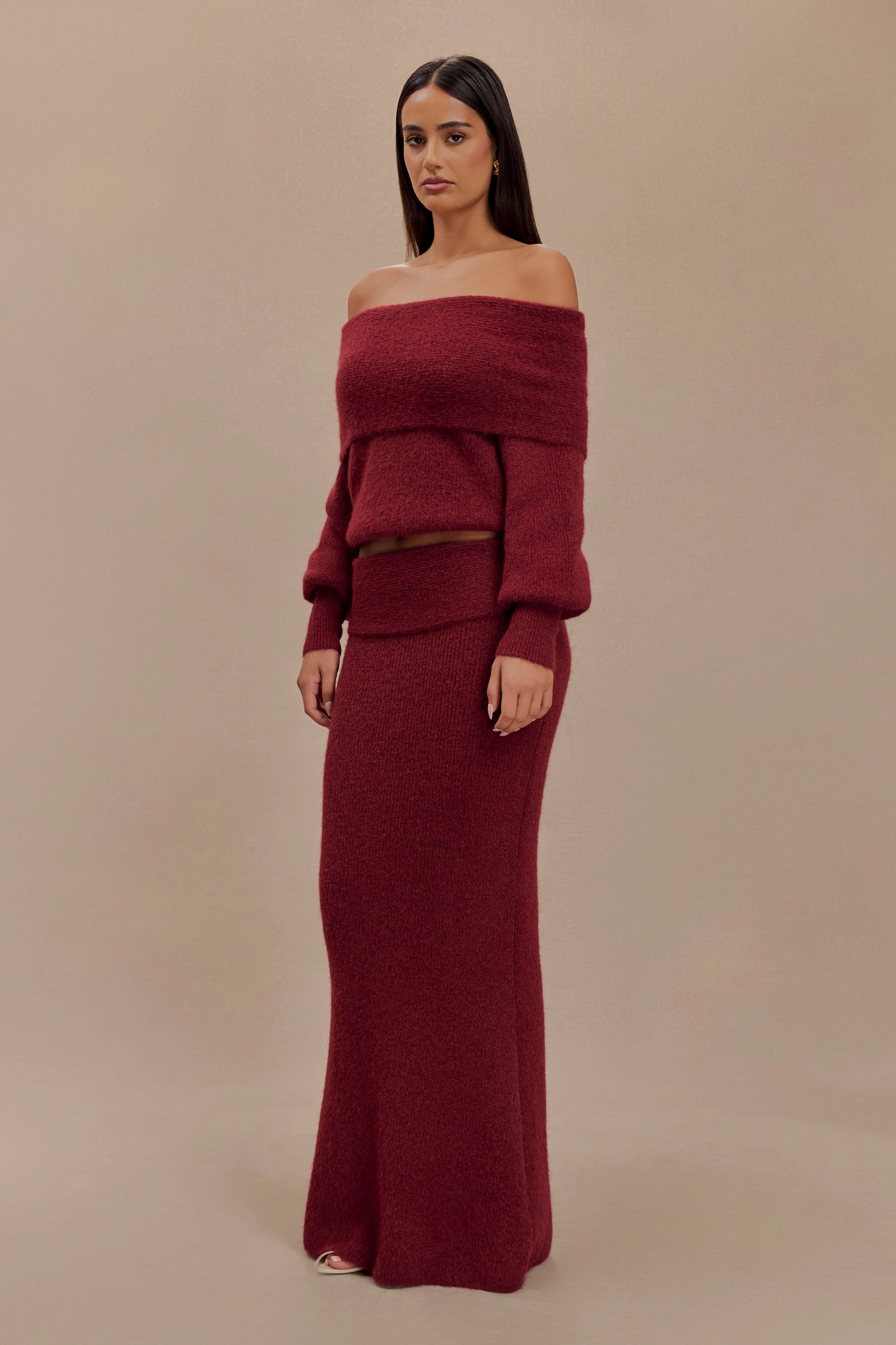 Charlotte Knit Maxi Skirt With Overlay - Merlot - Image 3