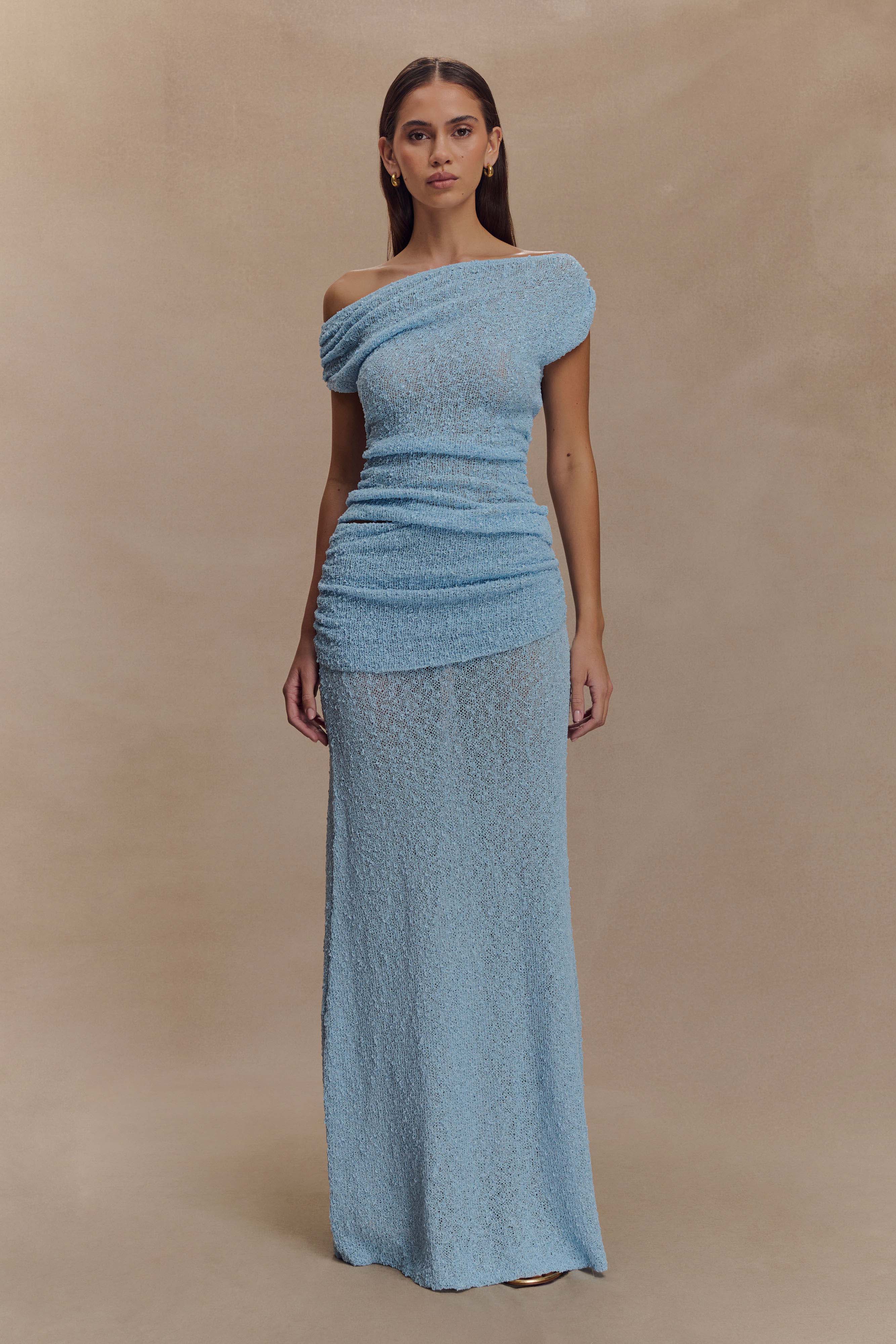 Chloe Off Shoulder Boucle Knit Top - Light Blue - Image 6