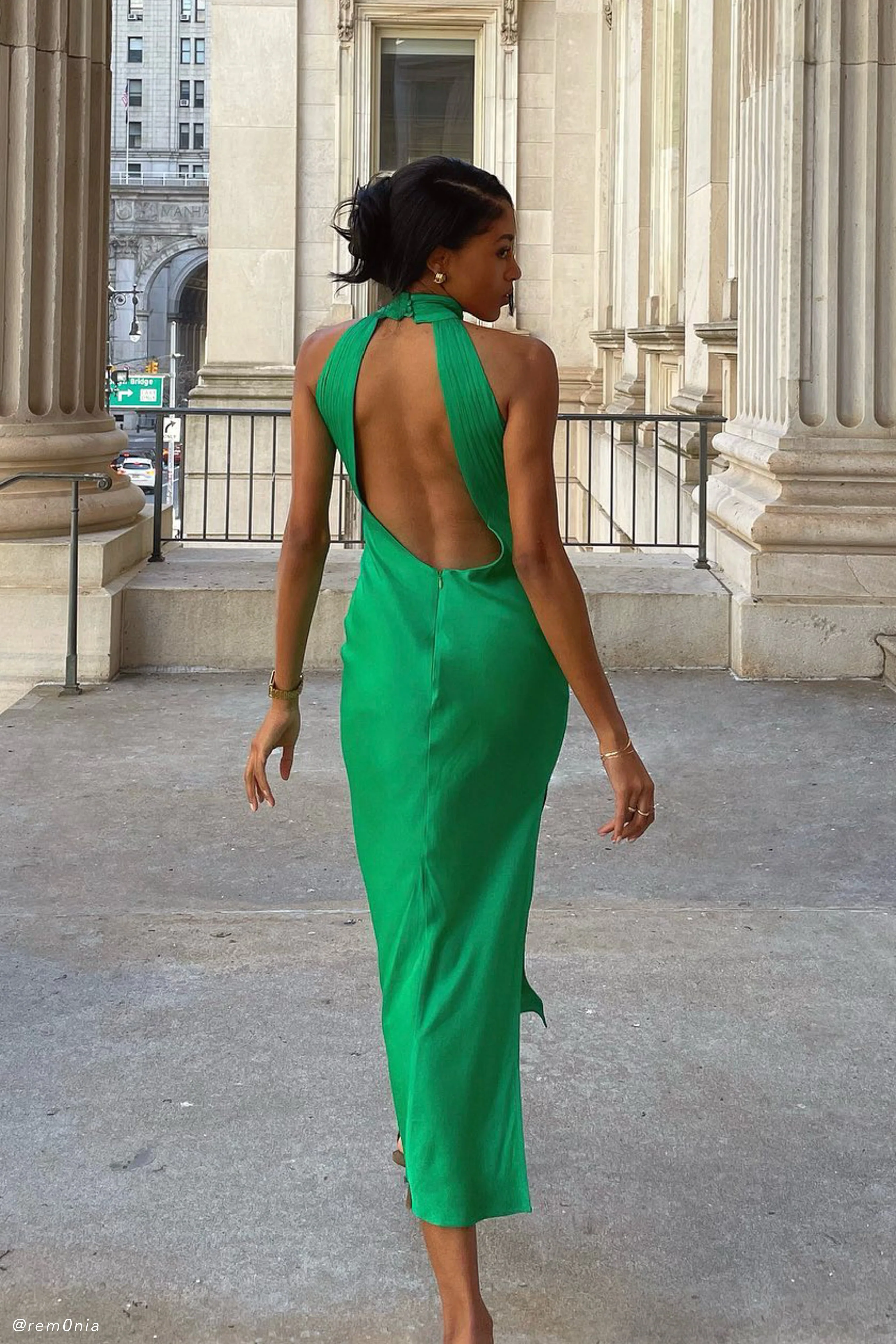 Claire Satin Drape Back Maxi Dress with Split - Green - Image 13
