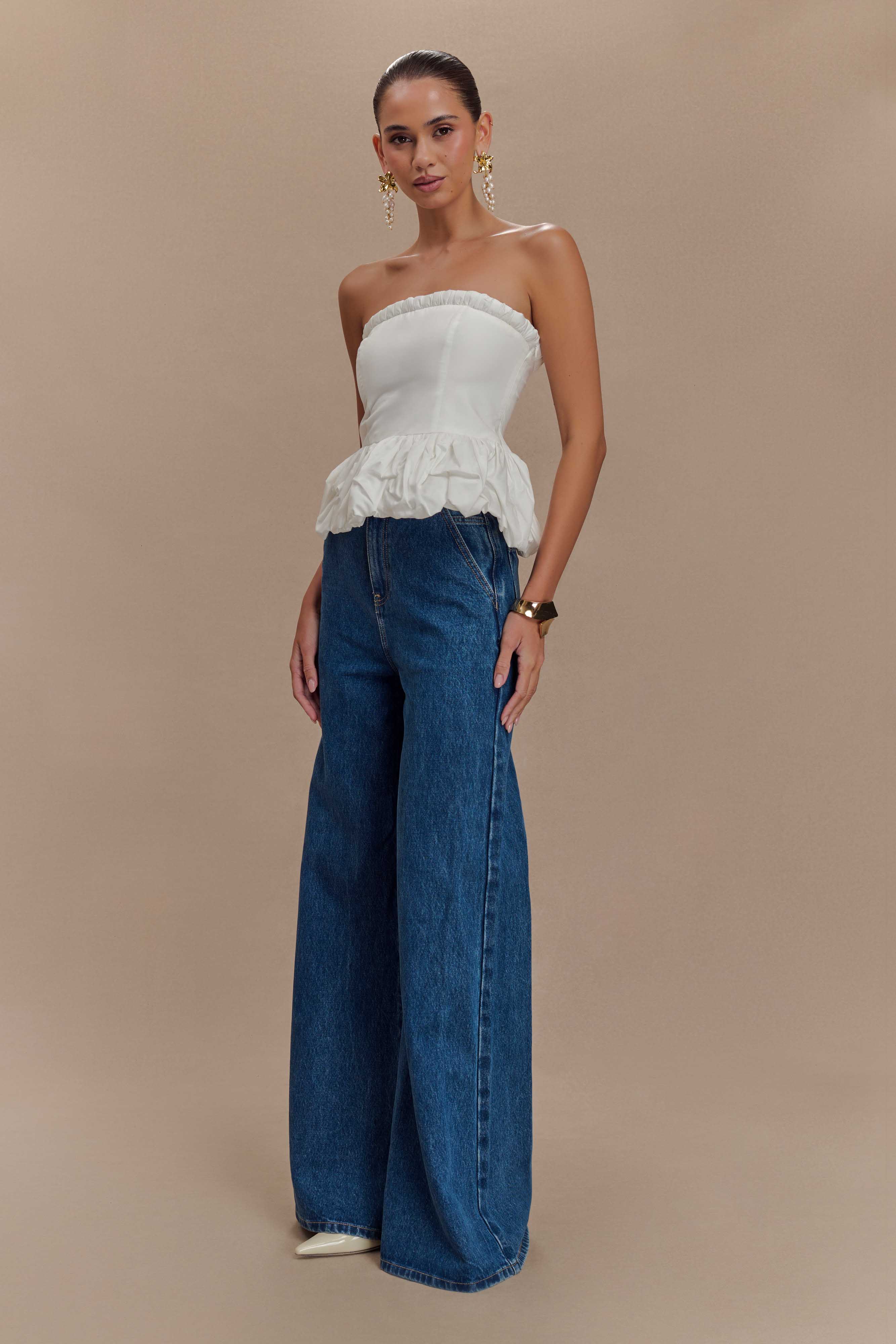 Cora Ruched Strapless Top - White - Image 4