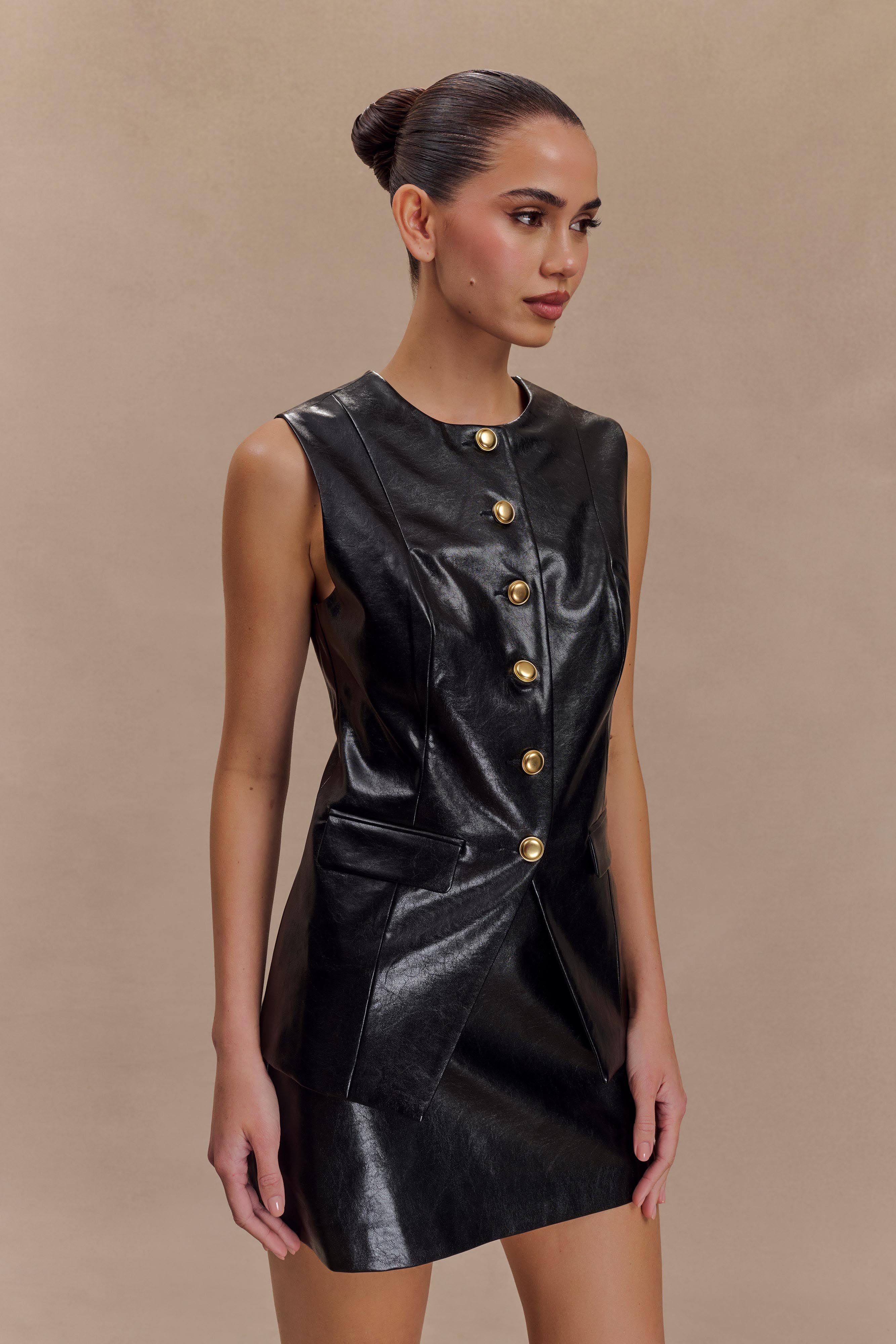 Coralia Faux Leather Sleeveless Vest - Black - Image 4