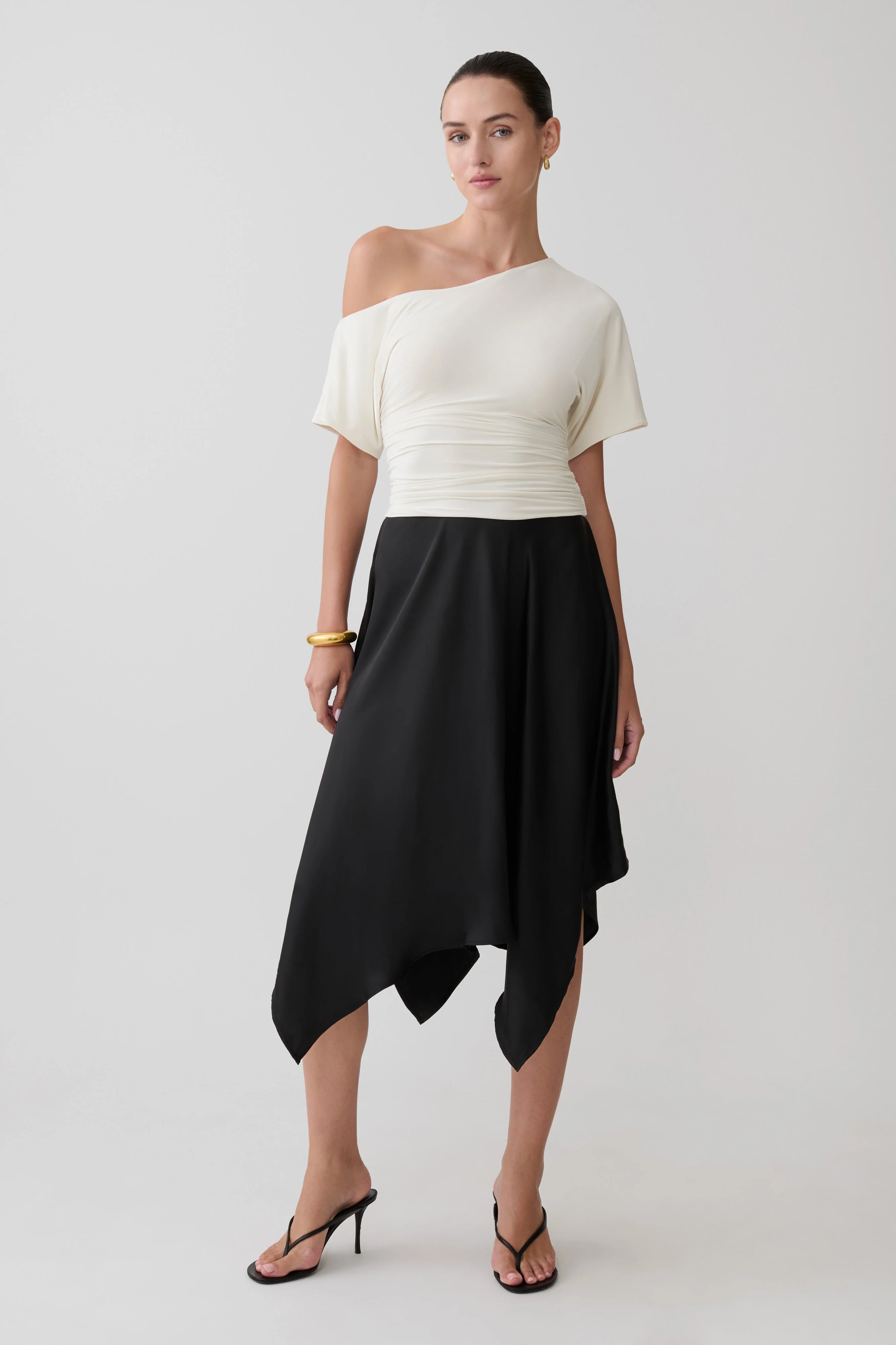 Coralie Asymmetric Satin Midi Skirt - Black - Image 4