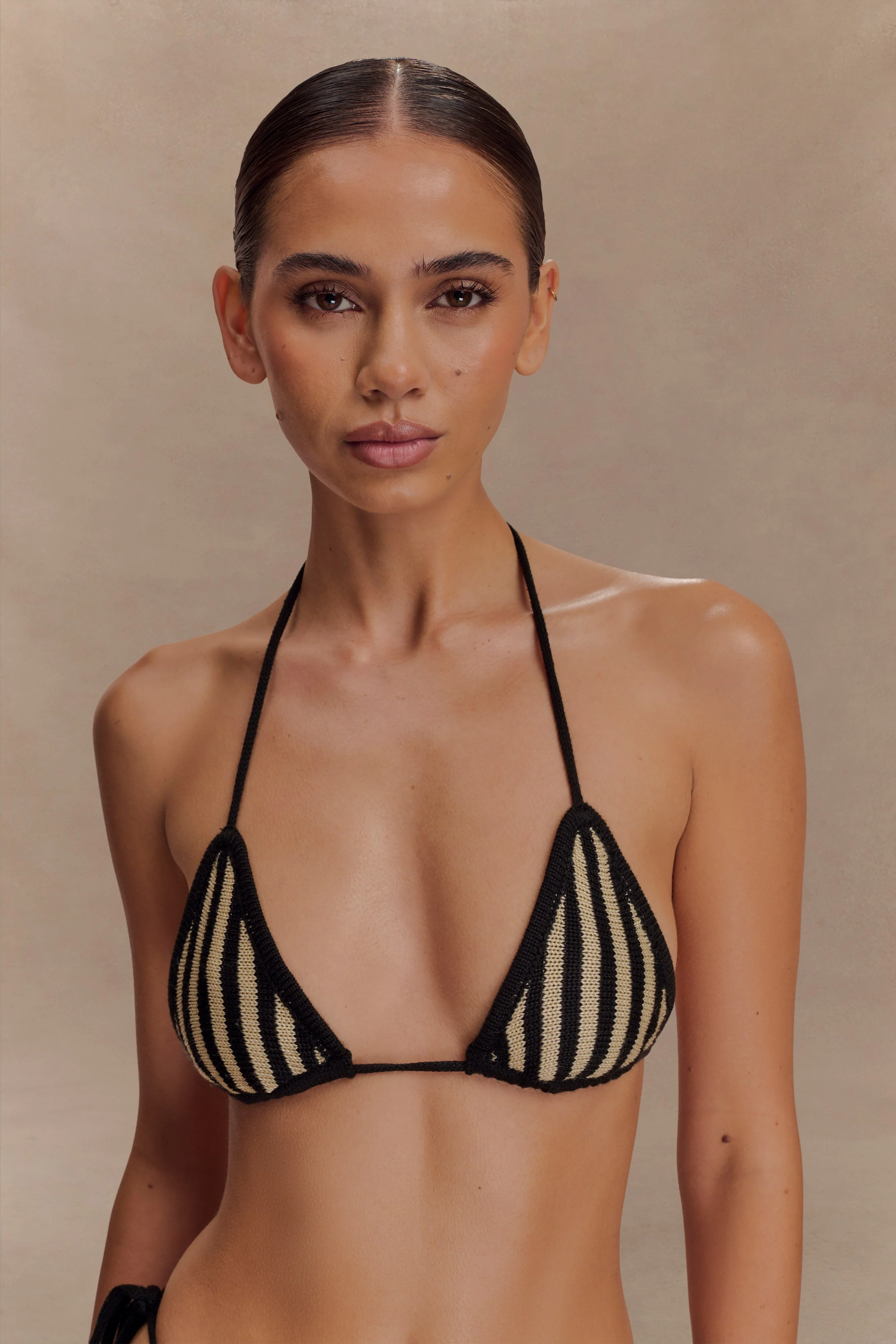 Corrie Crochet Tie Up Bikini Top - Black And Neutral Stripe - Image 4