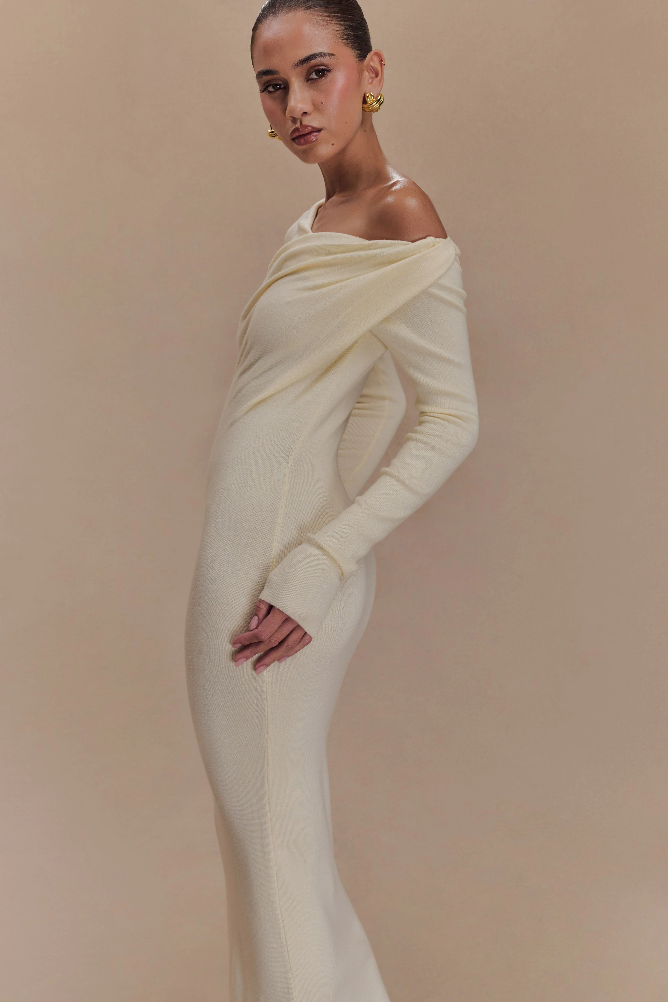 Culver Draped Twist Knit Midi Dress - Cream - Image 4