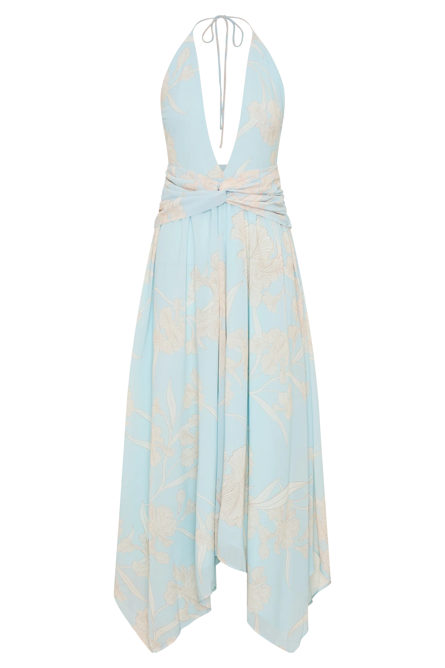Cyra Plunge Chiffon Midi Dress - Blue Floral Print - Image 13