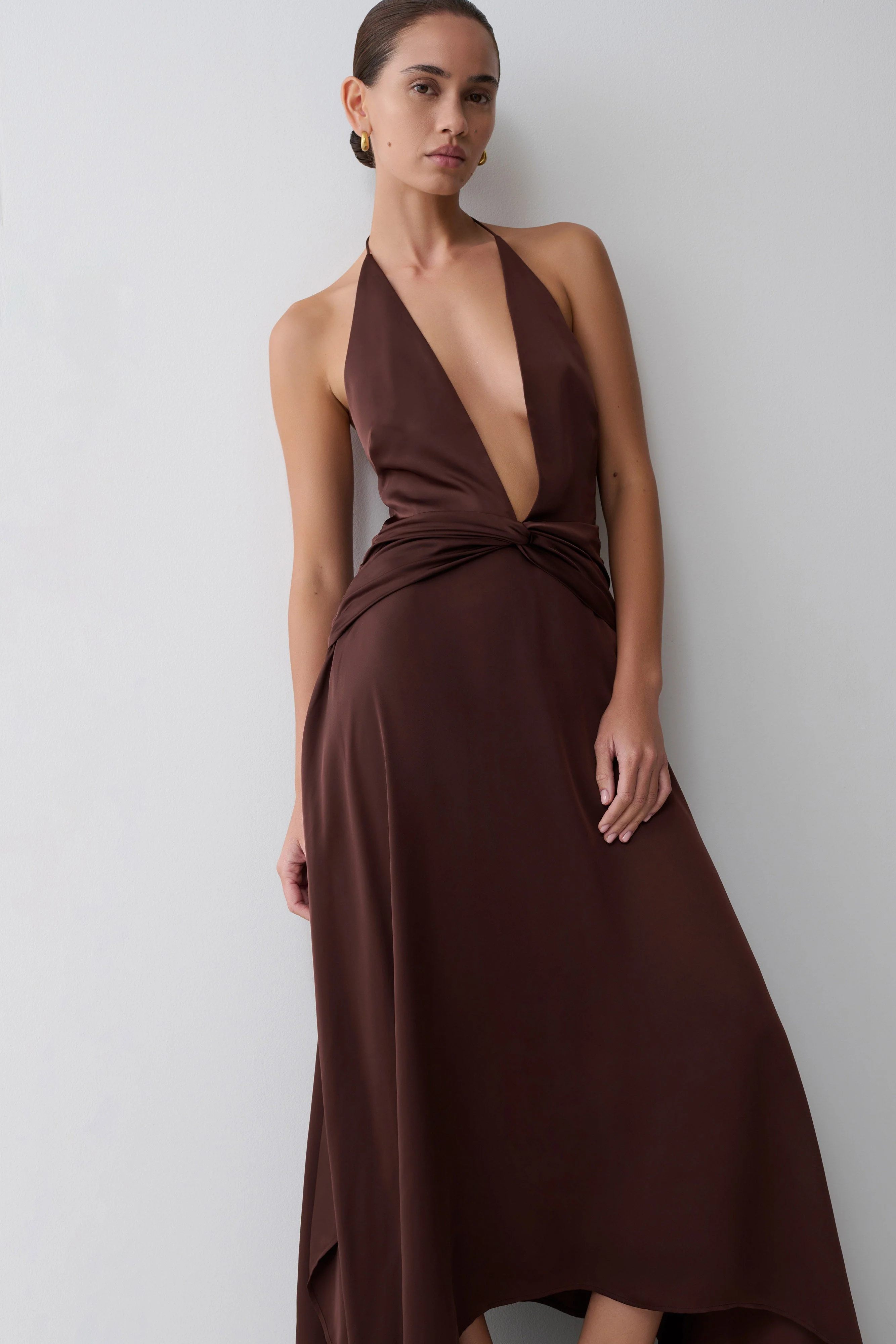 Cyra Plunge Satin Midi Dress - Dark Chocolate - Image 8