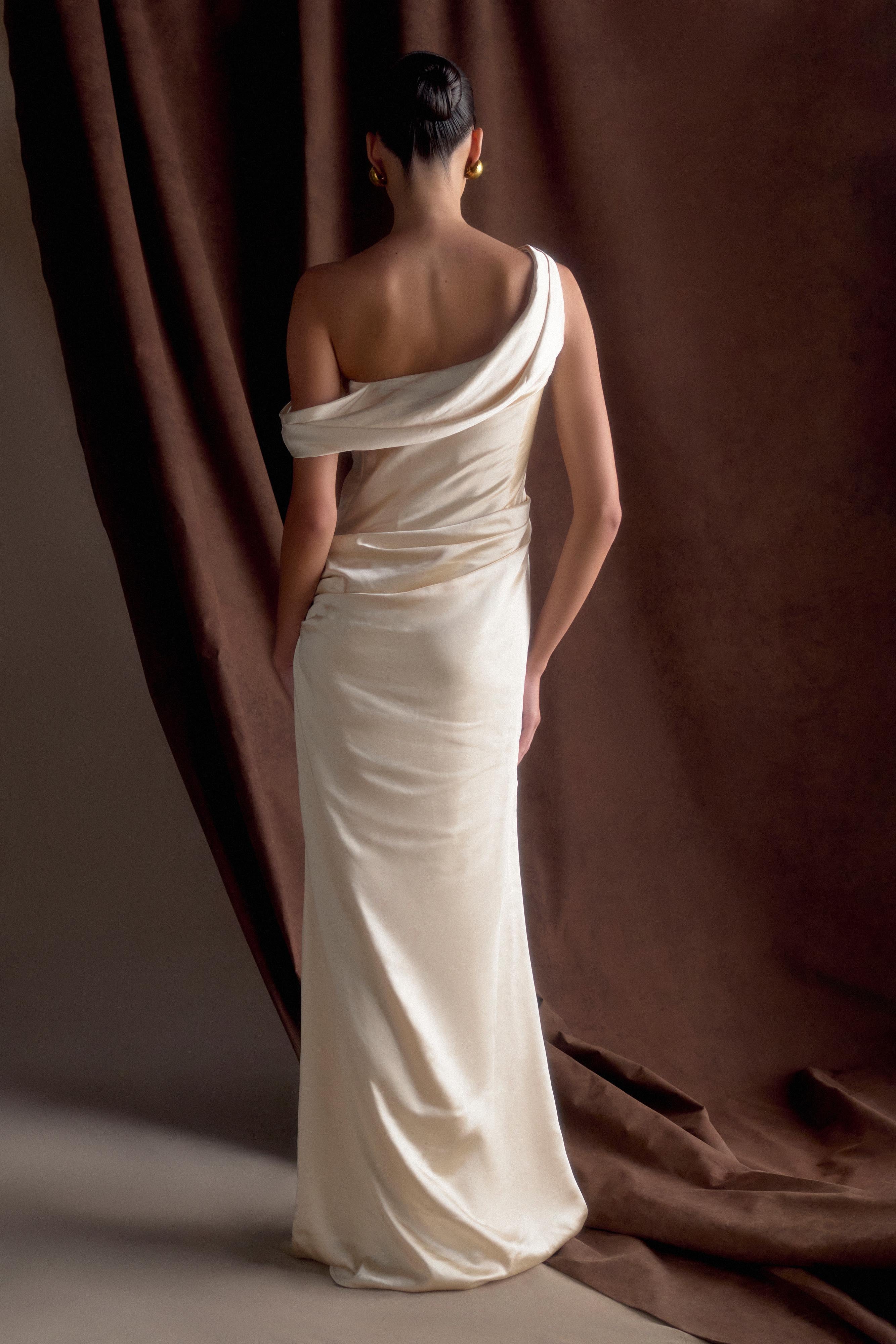 Dalia Off Shoulder Satin Maxi Dress - Blush Gold - Image 2