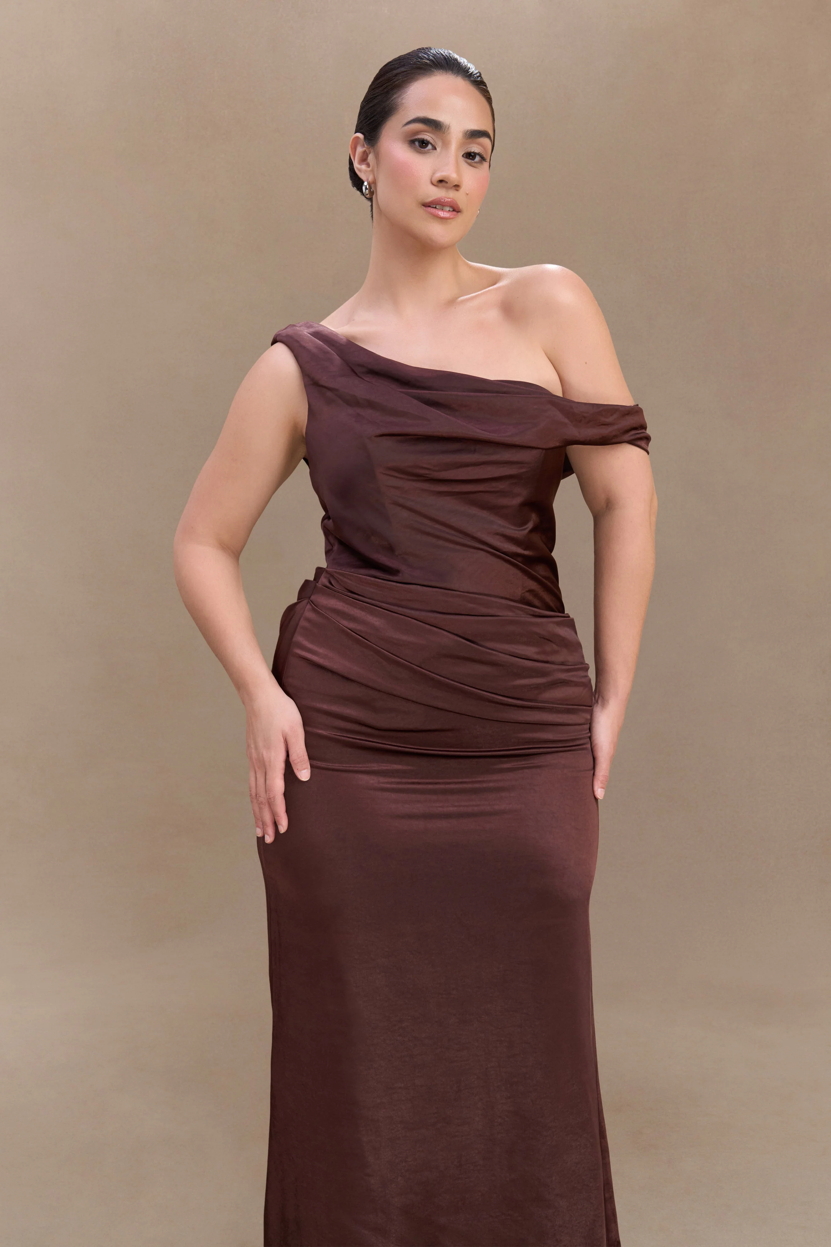 Dalia Off Shoulder Satin Maxi Dress - Dark Chocolate - Image 11