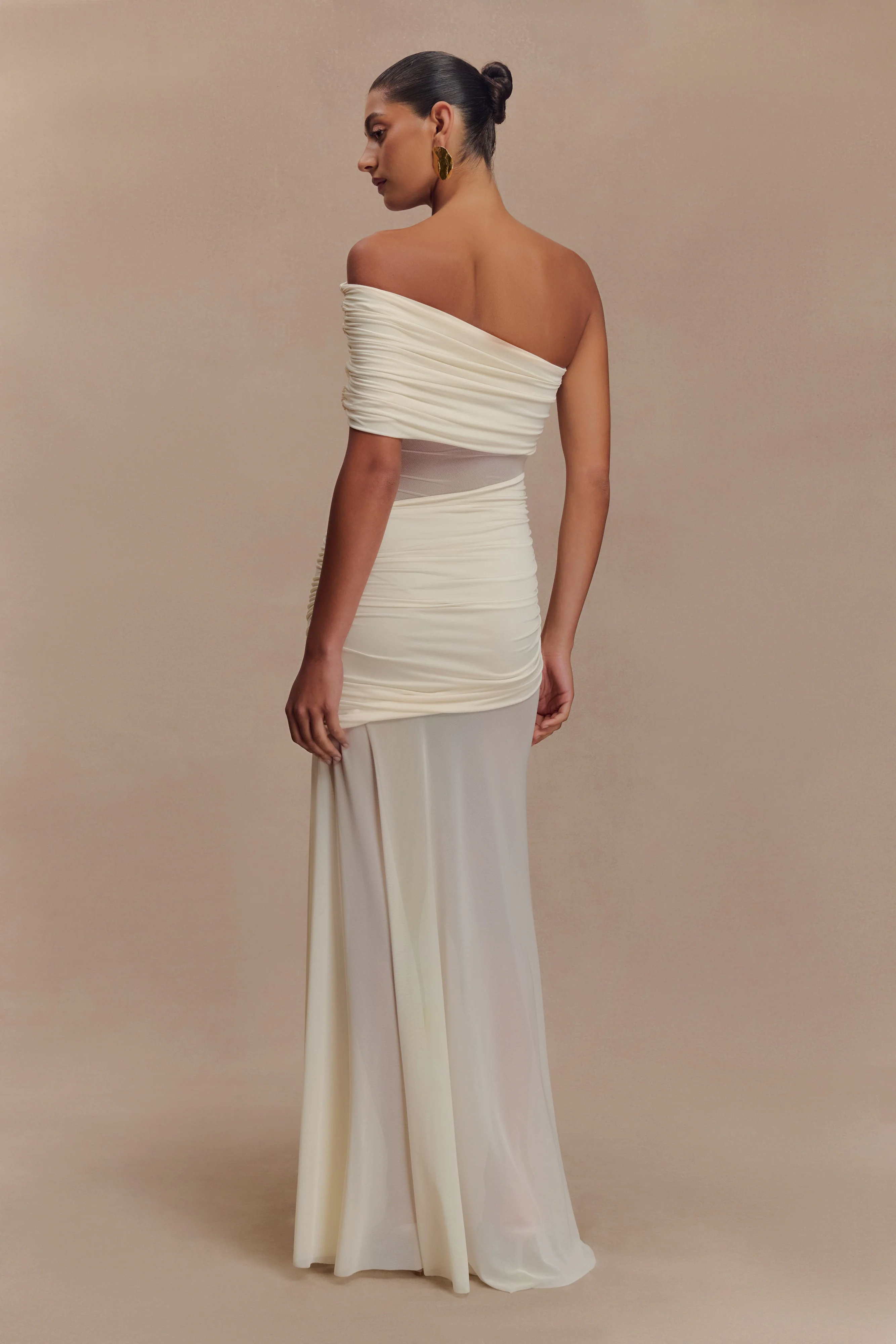 Dallas One Shoulder Mesh Maxi Dress - Ivory - Image 4