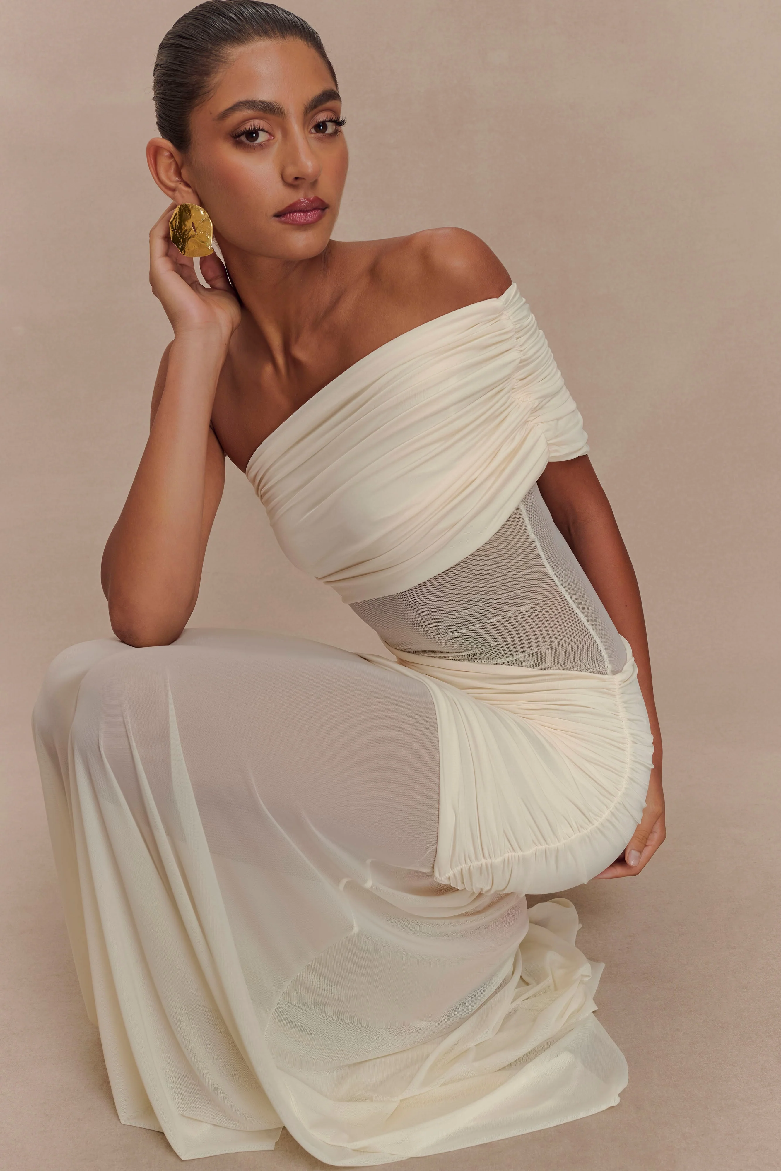 Dallas One Shoulder Mesh Maxi Dress - Ivory - Image 7