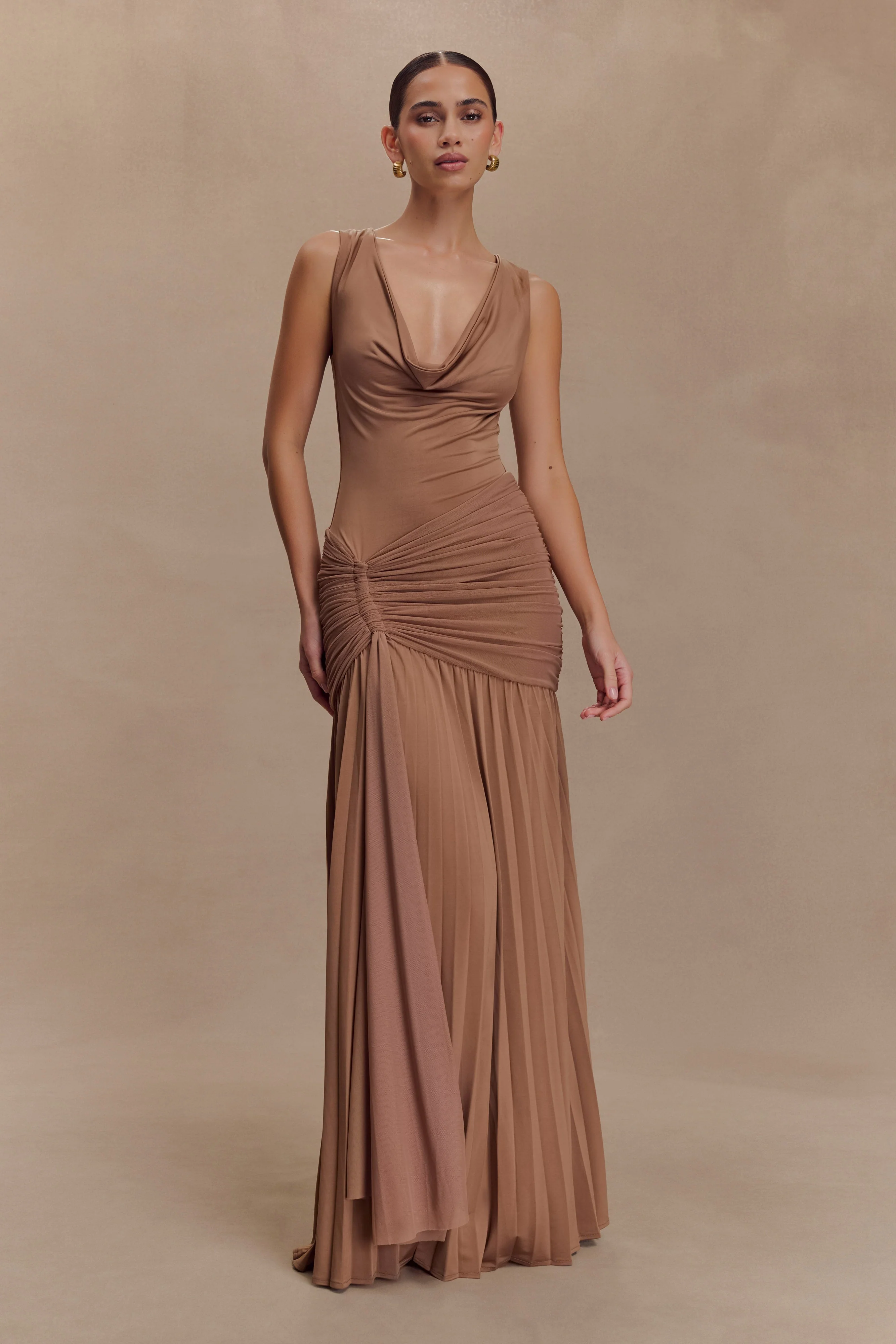 Dania Cowl Neck Slinky Maxi Dress - Mocha Mousse - Image 2