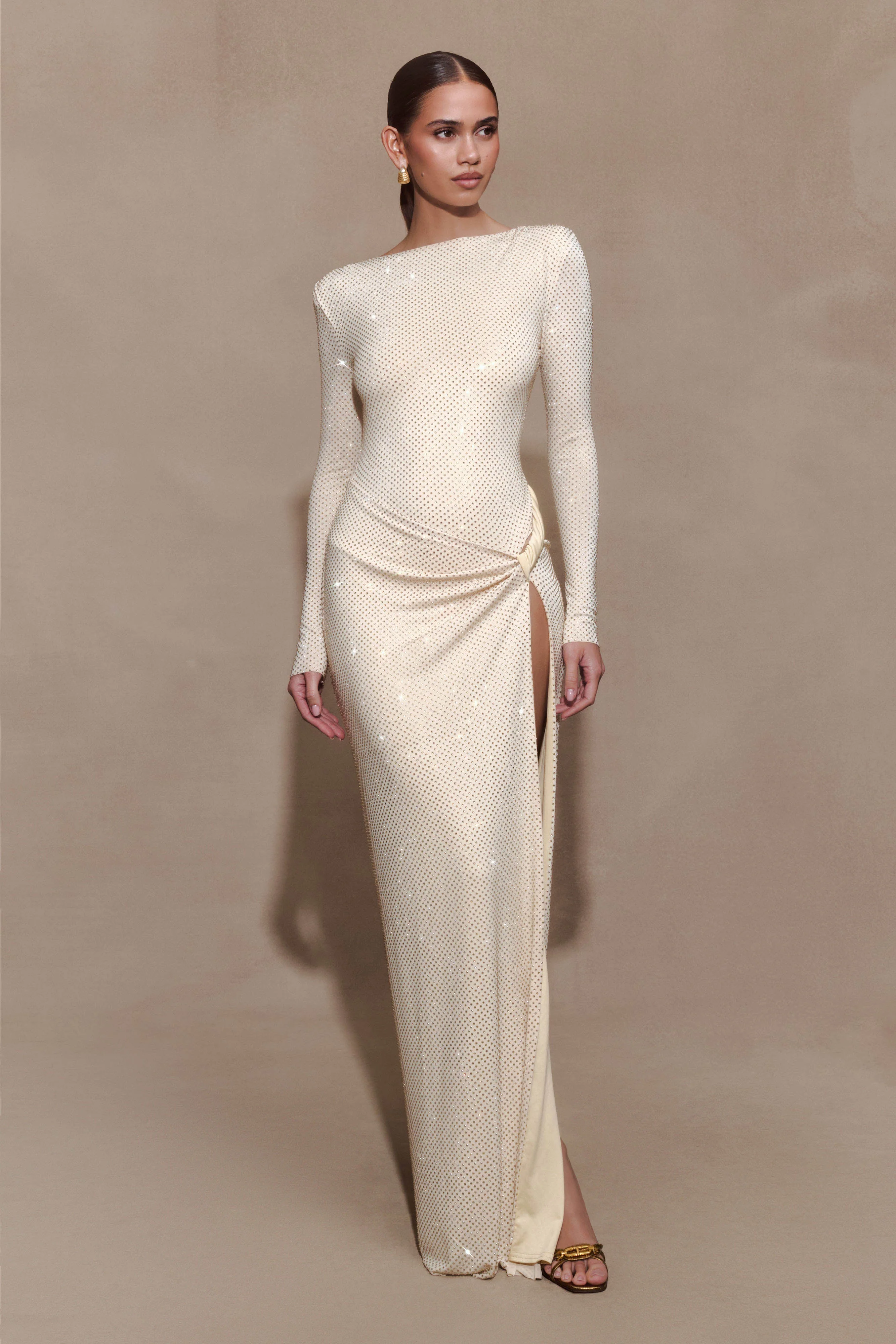 Deanna Long Sleeve Diamante Maxi Dress - Gold - Image 5