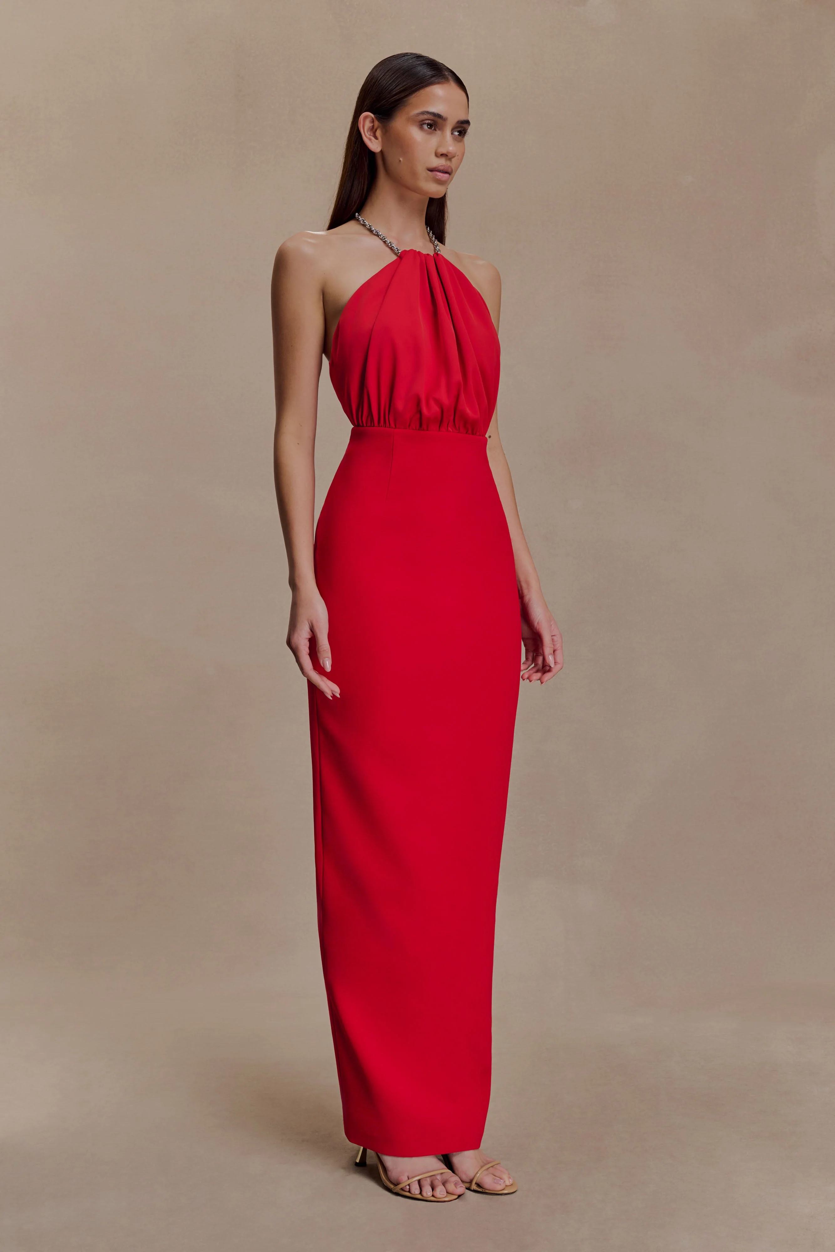 Elina Satin Necklace Maxi Dress - Red - Image 3