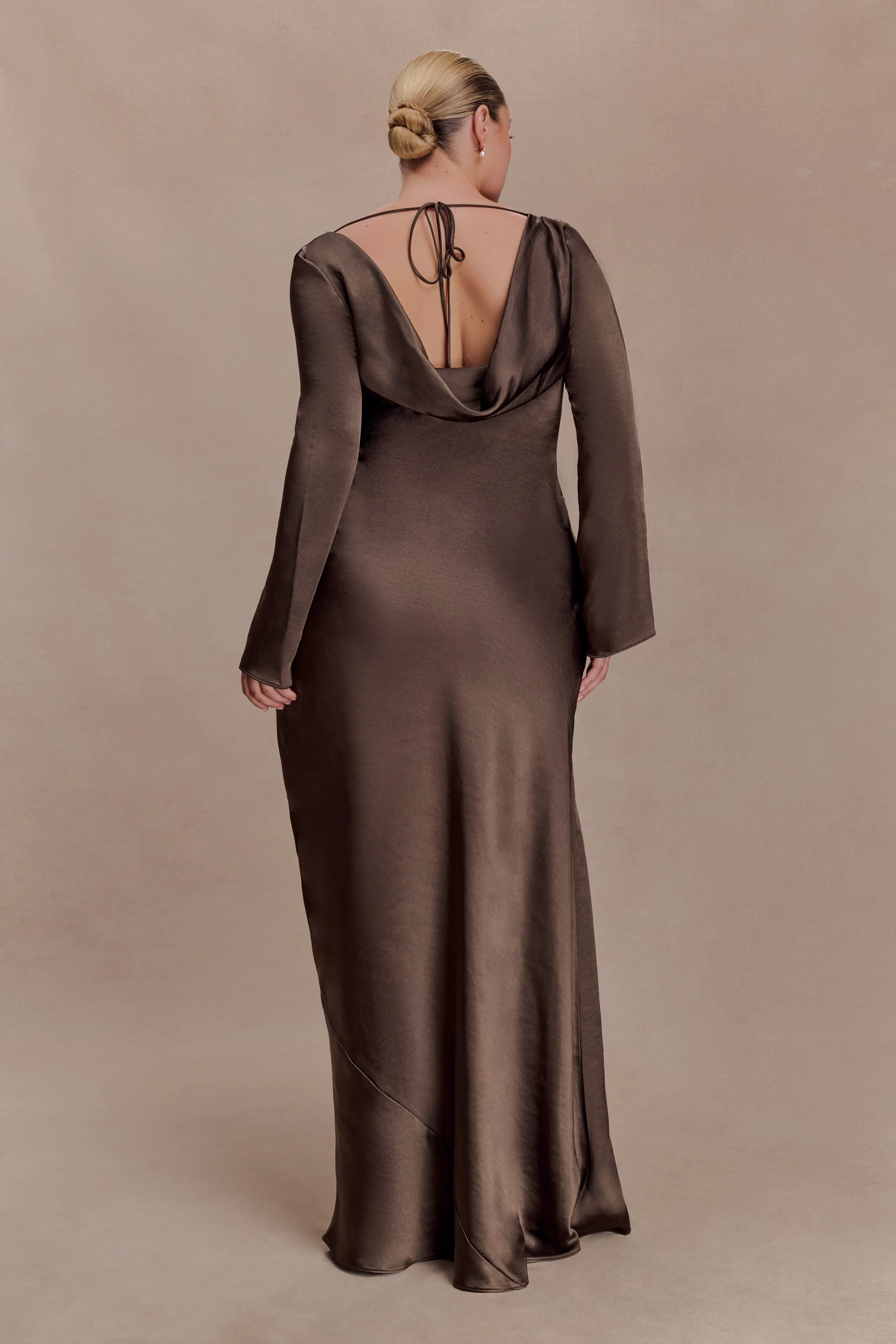 Eliza Long Sleeve Cowl Lace And Satin Maxi Dress - Mocha - Image 3