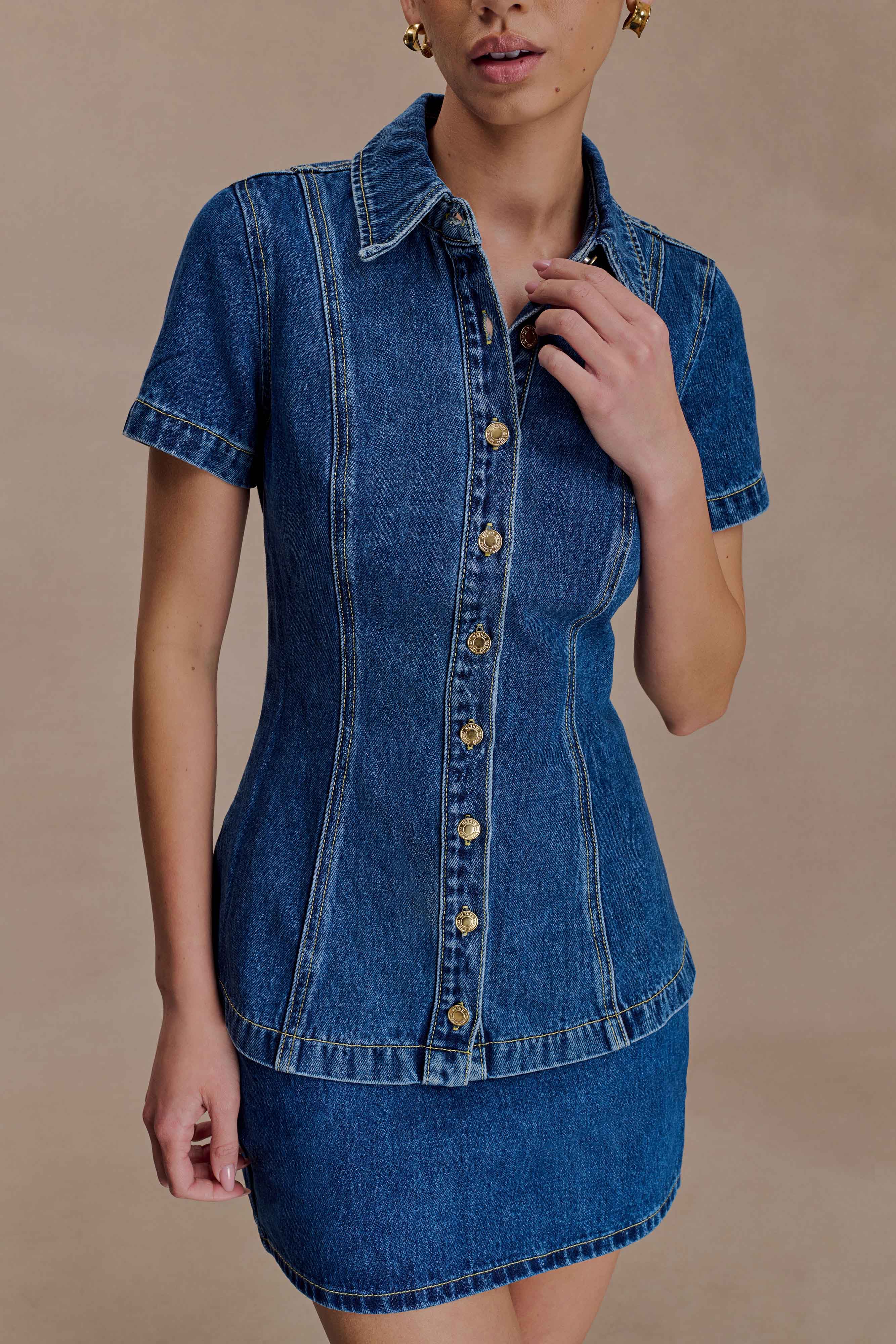 Ellie Denim Short Sleeve Top - Dark Blue - Image 3
