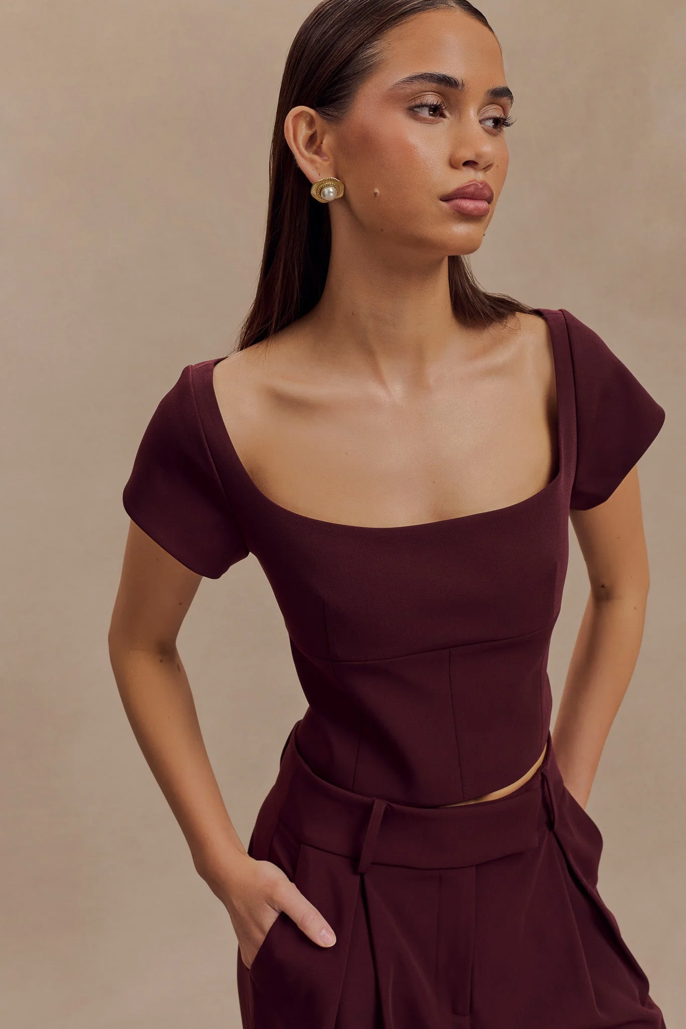 Ellis Cap Sleeve Longline Suiting Top - Mahogany - Image 3