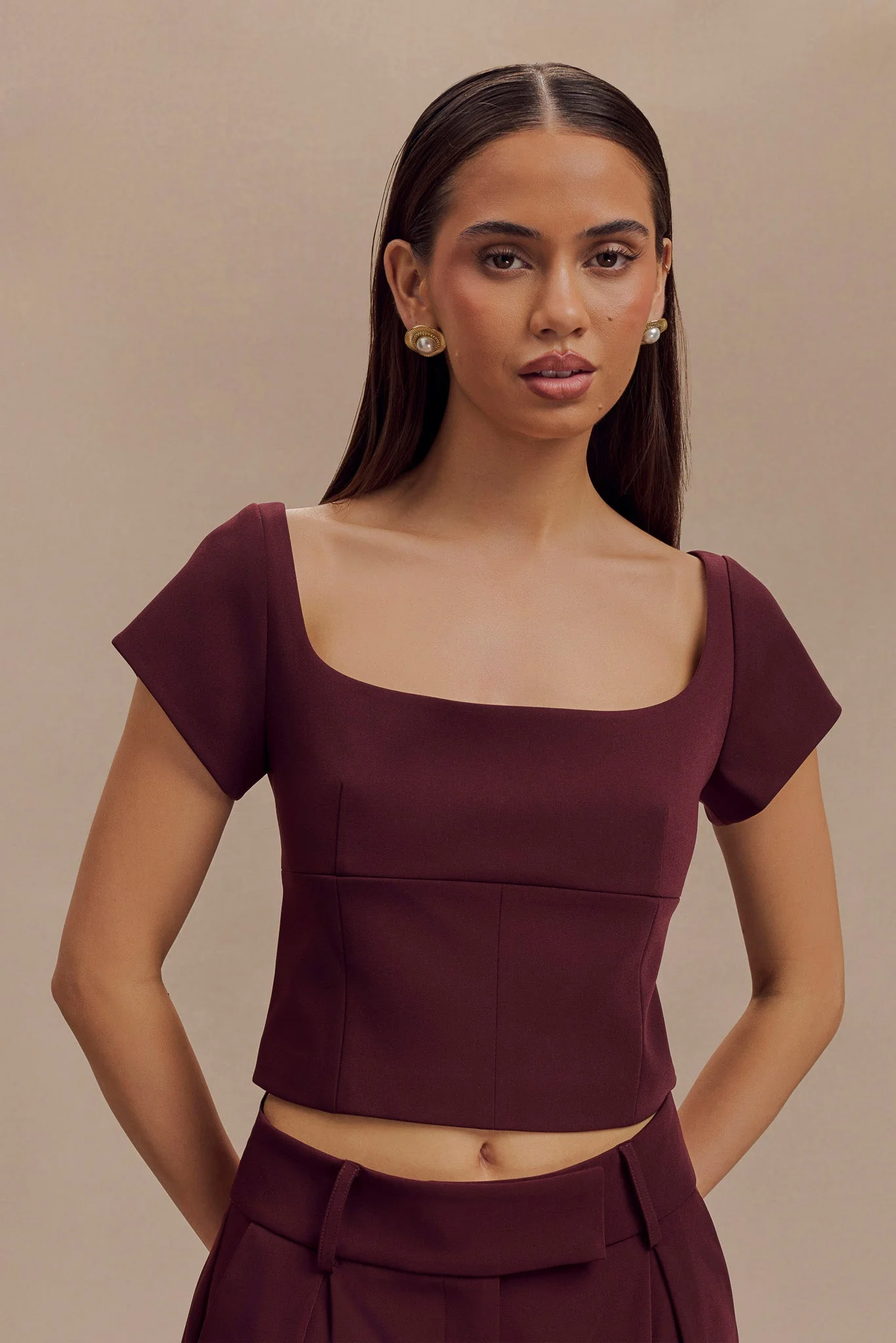 Ellis Cap Sleeve Longline Suiting Top - Mahogany - Image 5