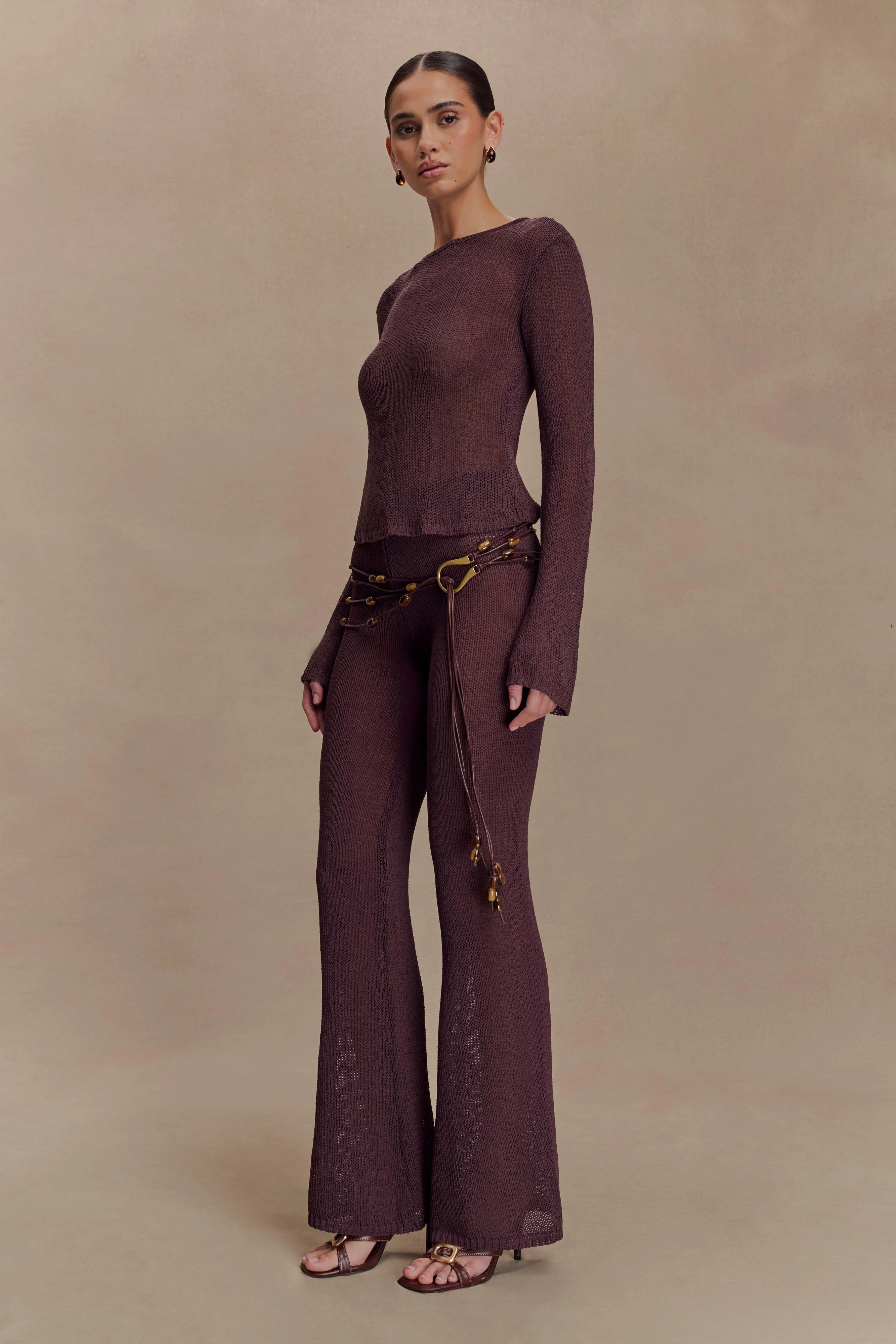 Enid Faux Leather Beaded Belt - Chocolate - Image 4