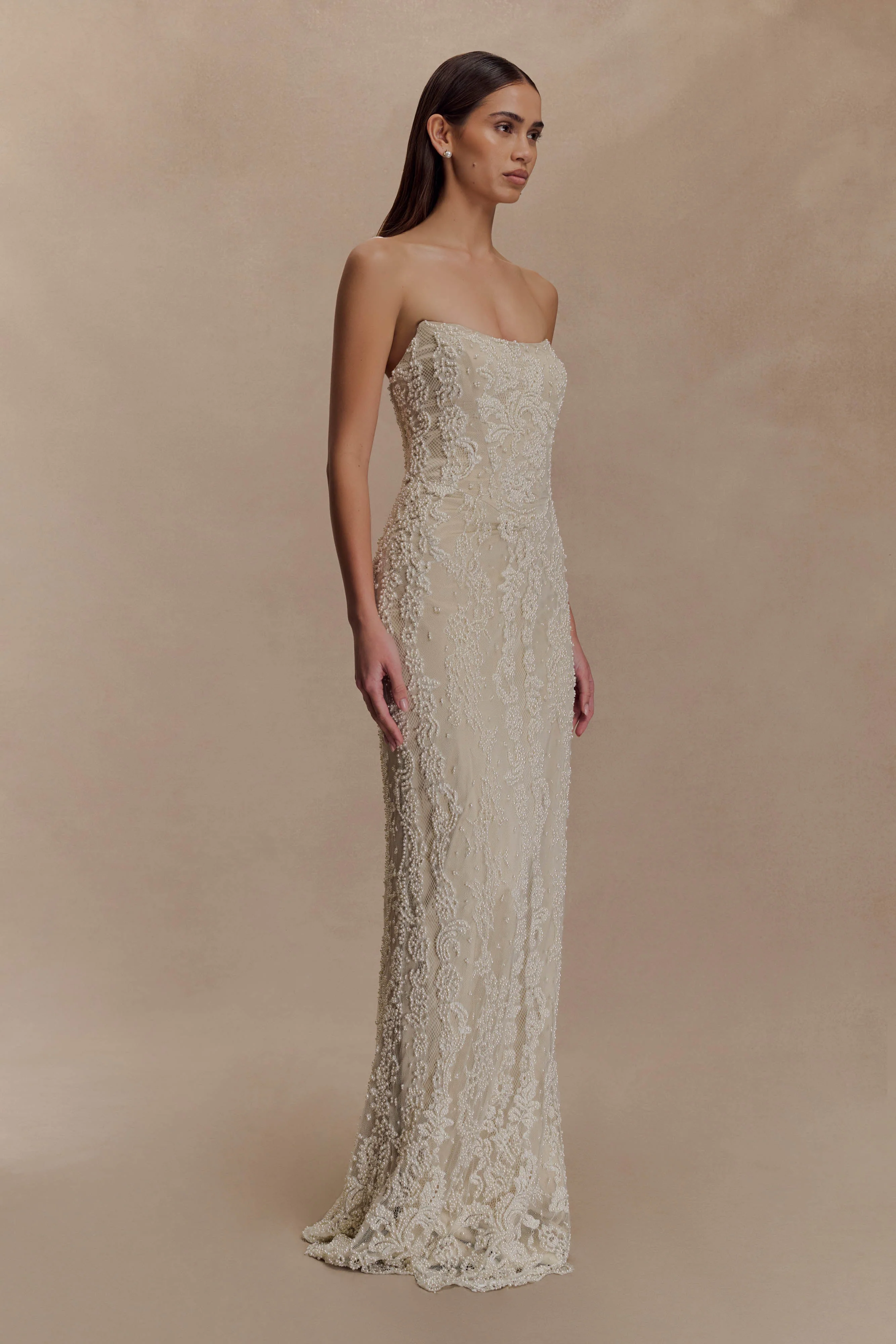 Eva Hand Beaded Pearl & Lace Maxi Dress - White - Image 7